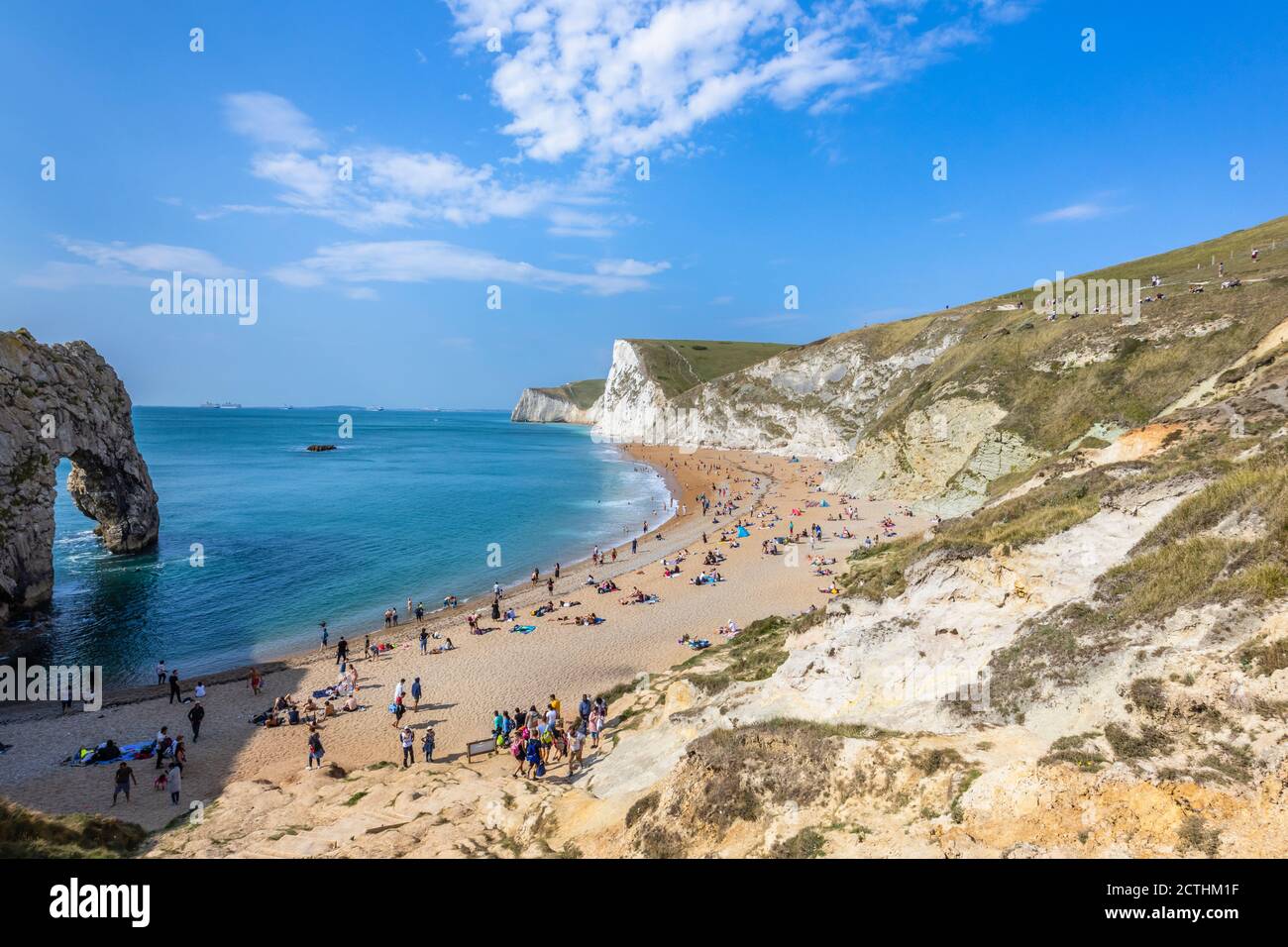 Panoramic coastal view of white chalk cliffs from the beach at Durdle Door on the Jurassic Coast World Heritage site in Dorset, south-west England Stock Photo