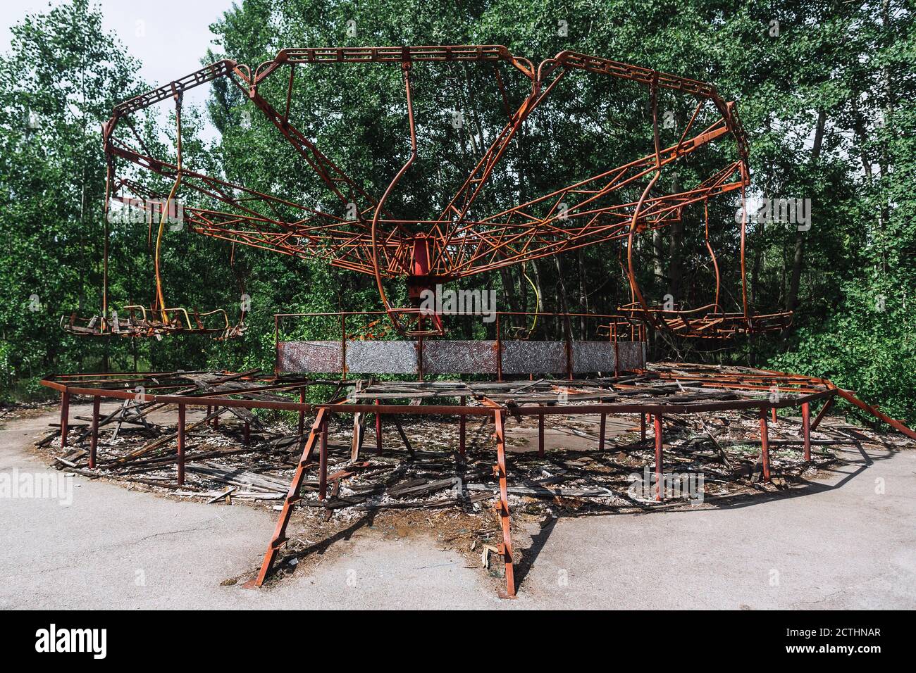 Abandoned attraction in unusement park in ghost town Pripyat, Chernobyl Exclusion Zone, nuclear meltdown catastrophe Stock Photo