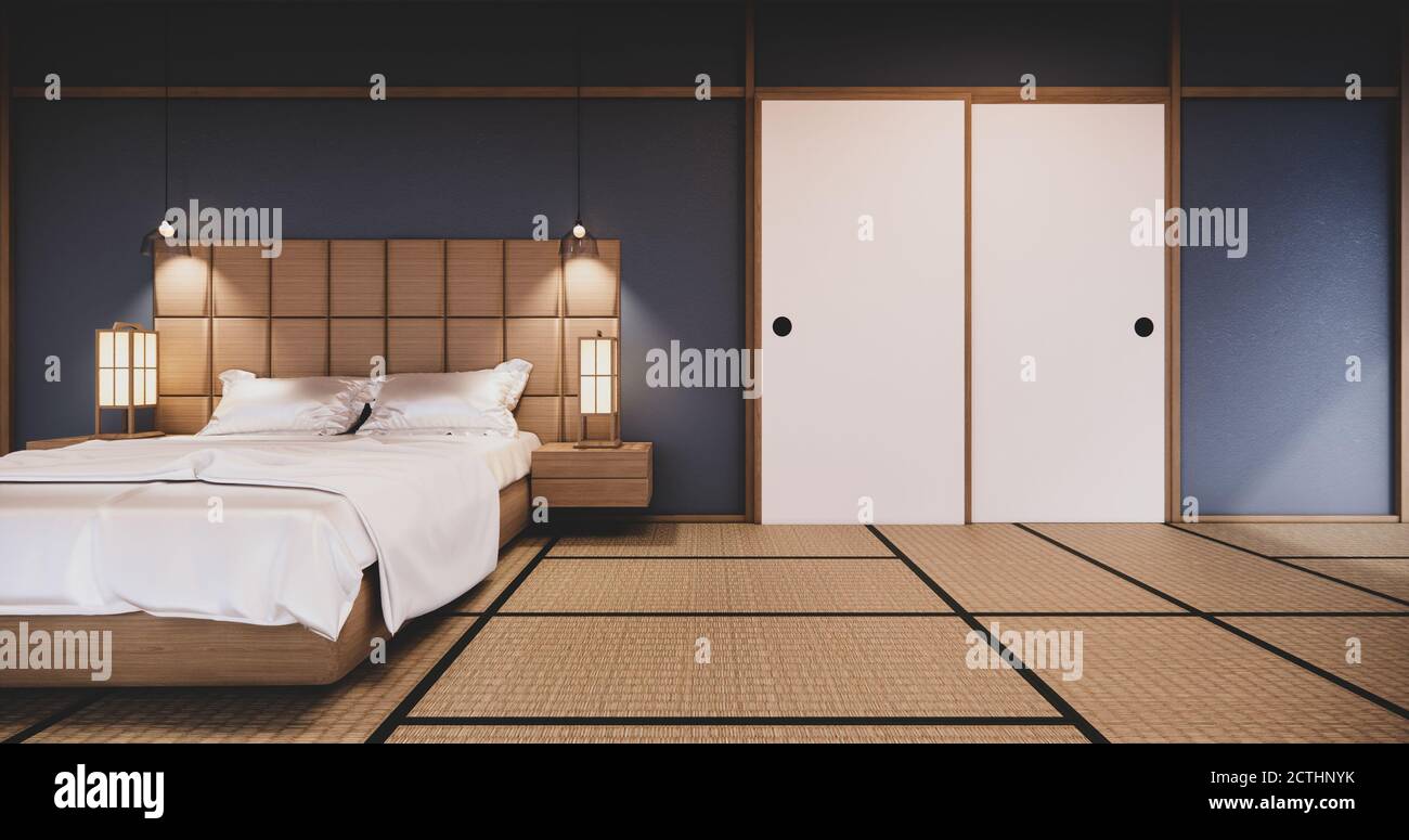 Dark blue bedroom japanese design on tropical room interior and tatami ...