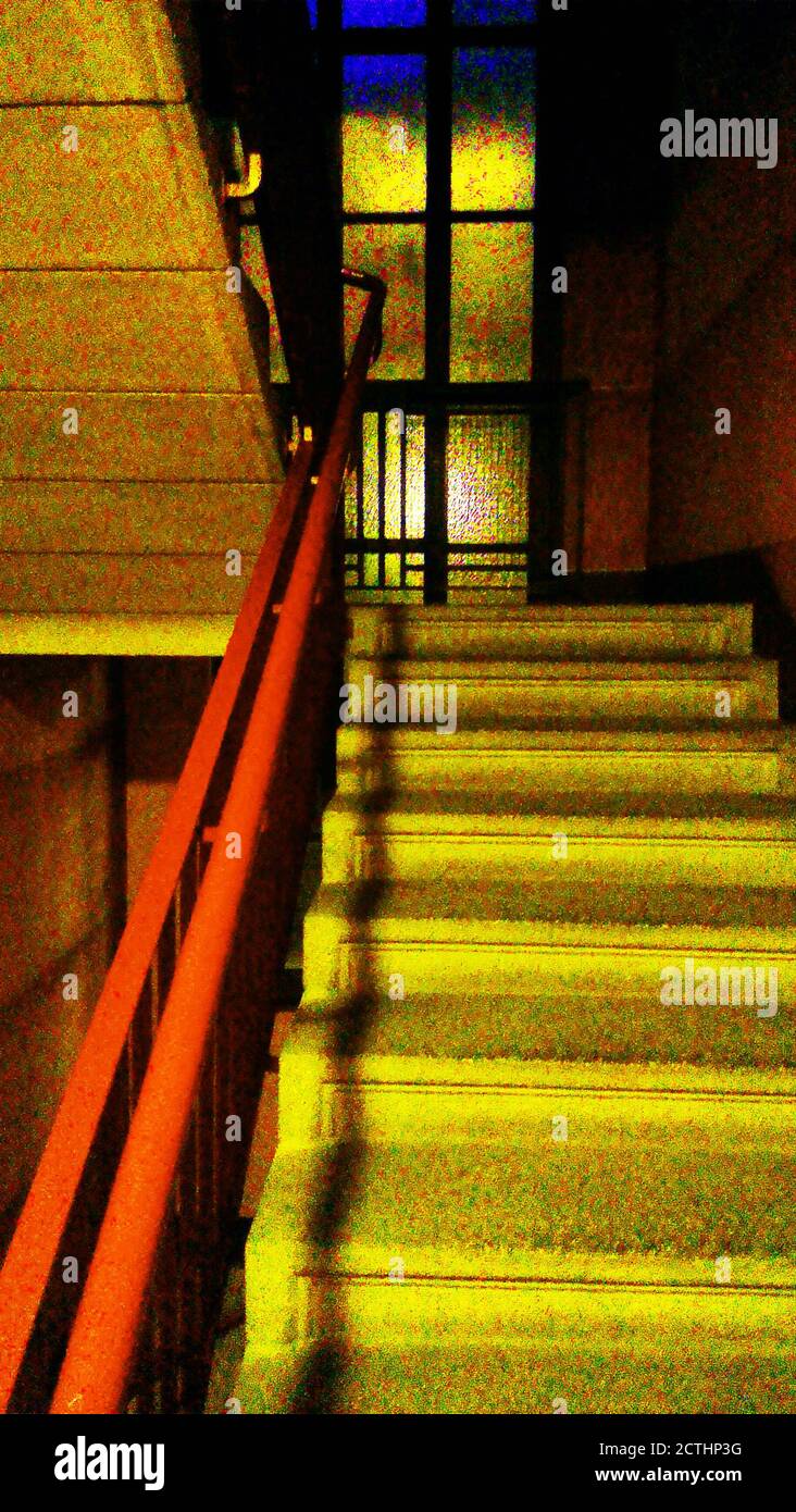 Extreme color digital noise example on a stairway photo taken at night with a smartphone camera Stock Photo