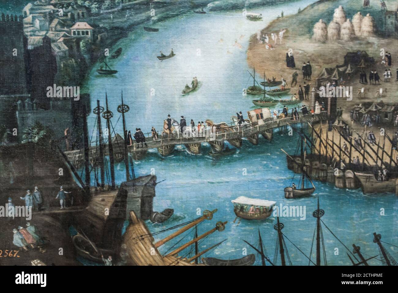 Seville in the 16th century, Golden Colonial Age. Detail of Triana Pontoon Bridge. Painter Alonso Sanchez Coello, Museum of the Americas, Madrid, Spai Stock Photo