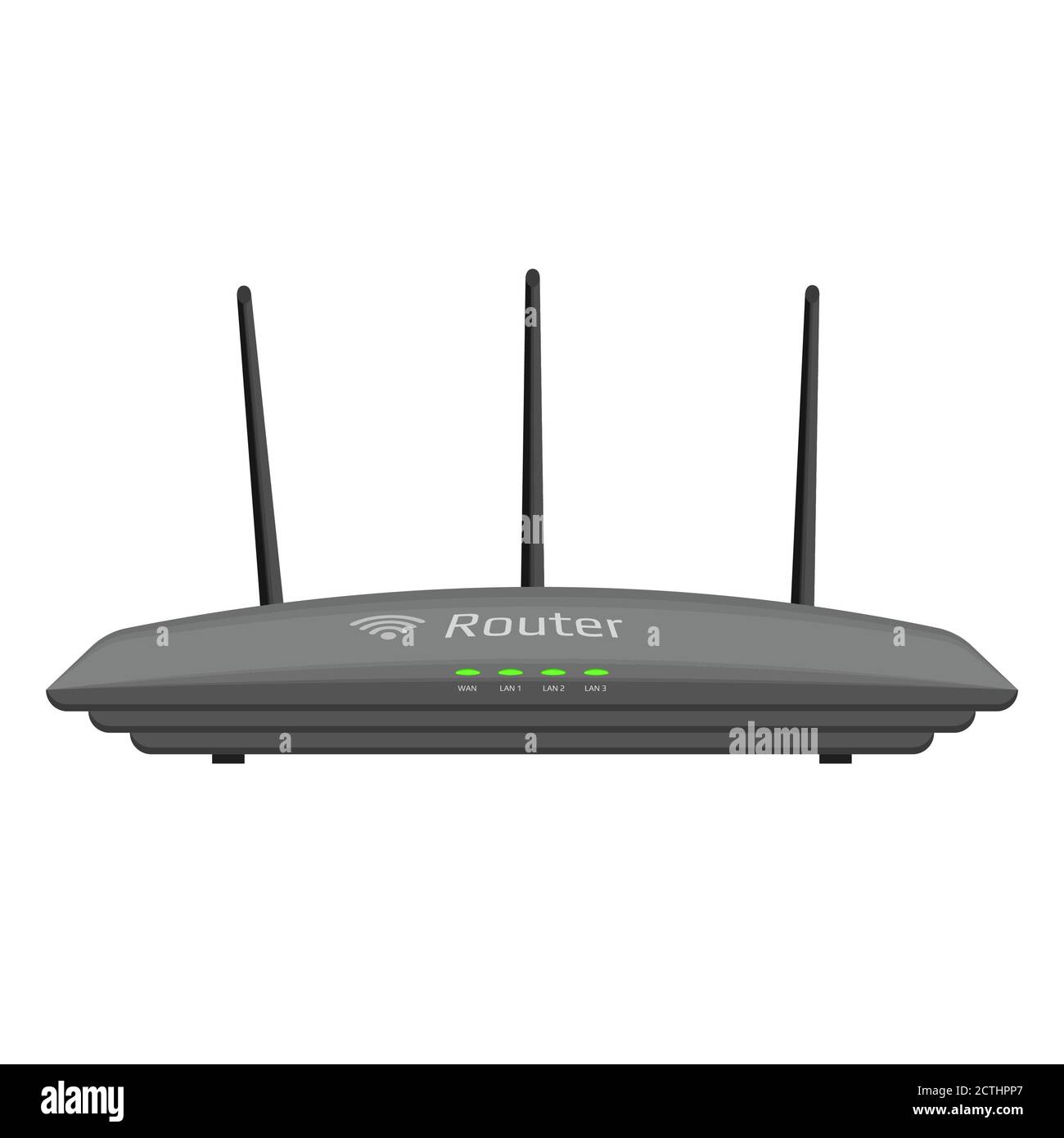 Flat wifi router with three antennas isolated on white. Green