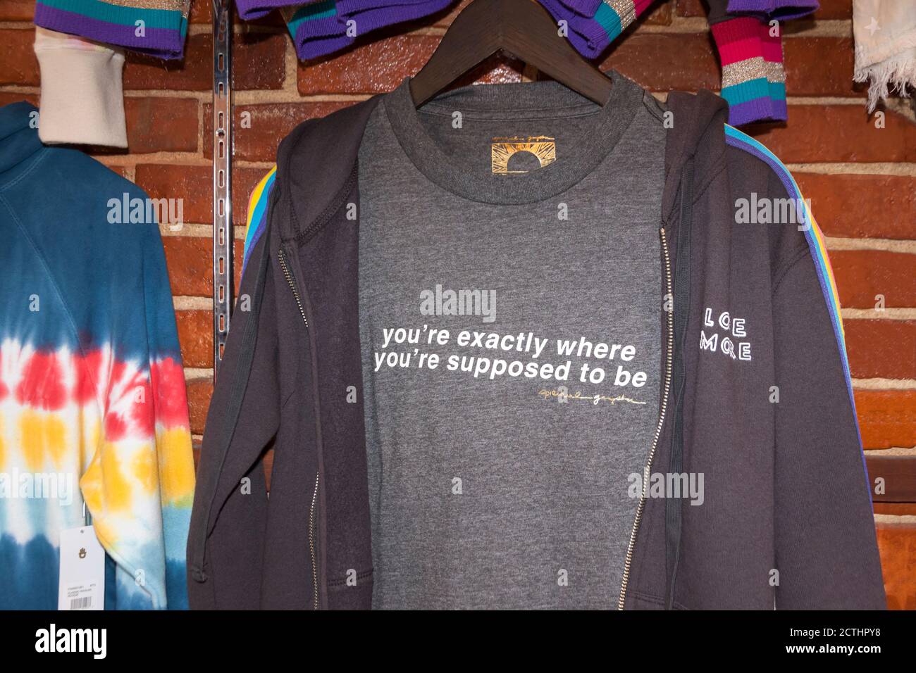 T-shirt message:  "you're exactly where you're supposed to be." Stock Photo