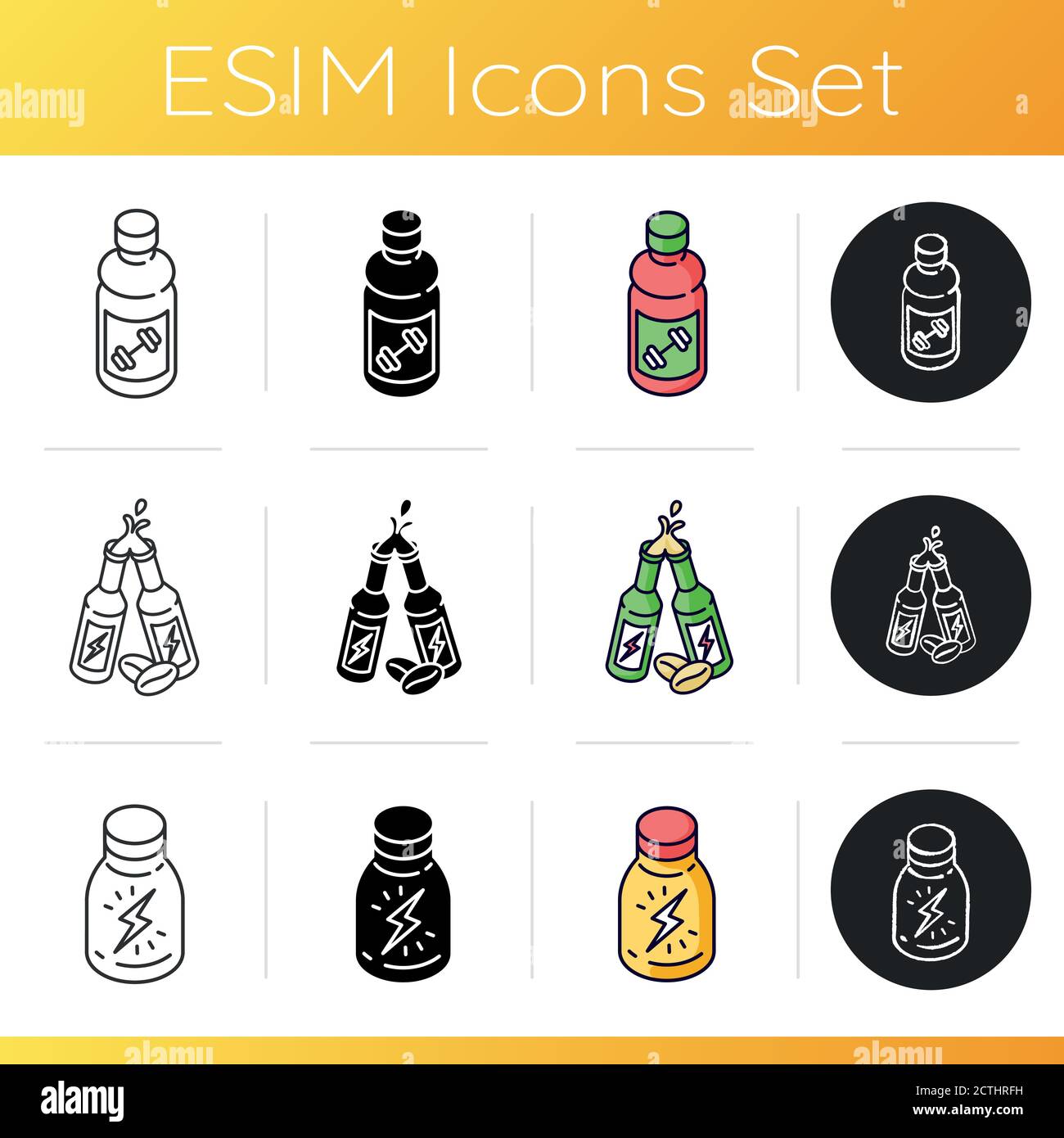 Bottled energy drinks icons set Stock Vector