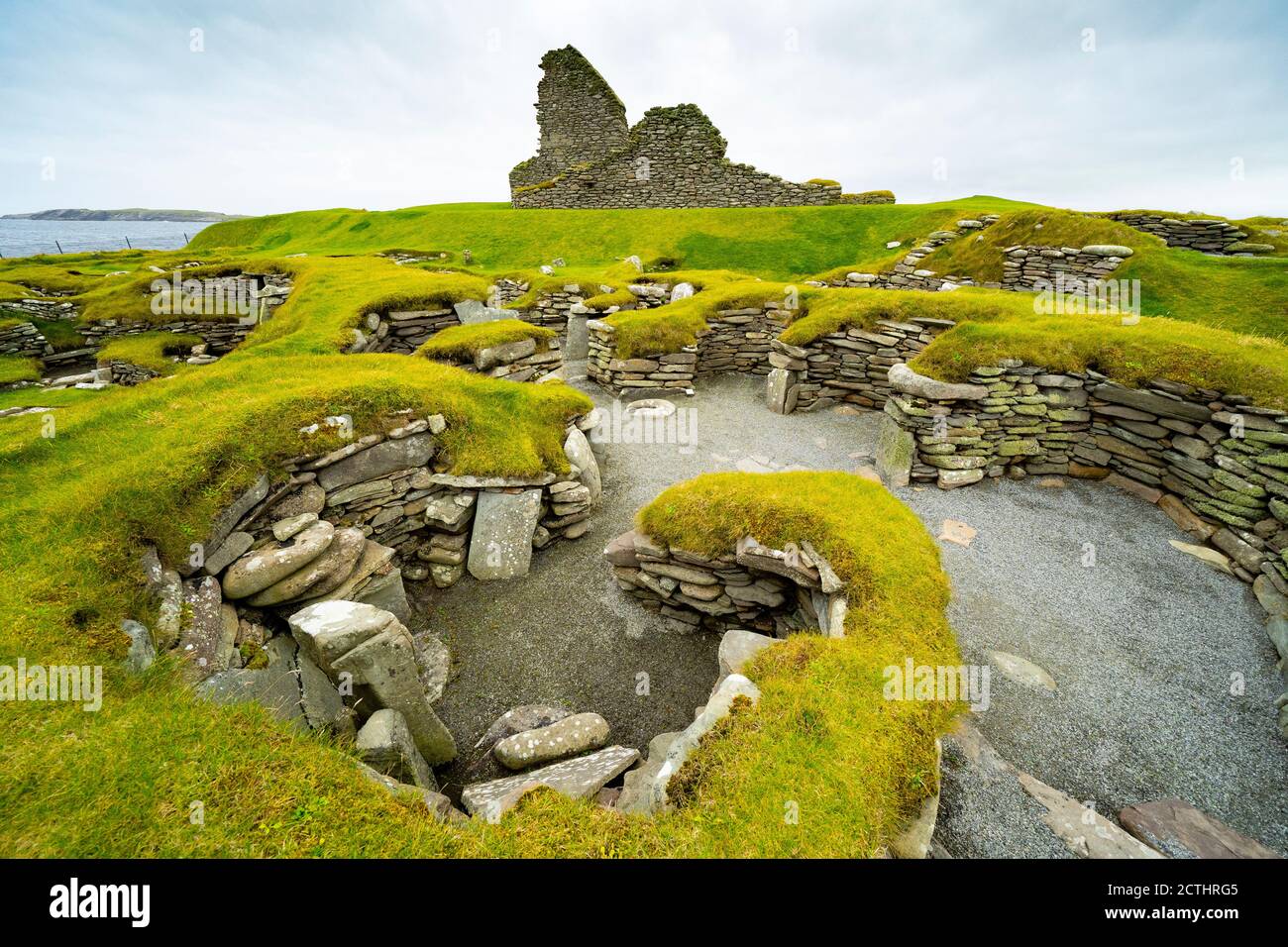 View of archeological site of ancient settlements at Jarlshof in