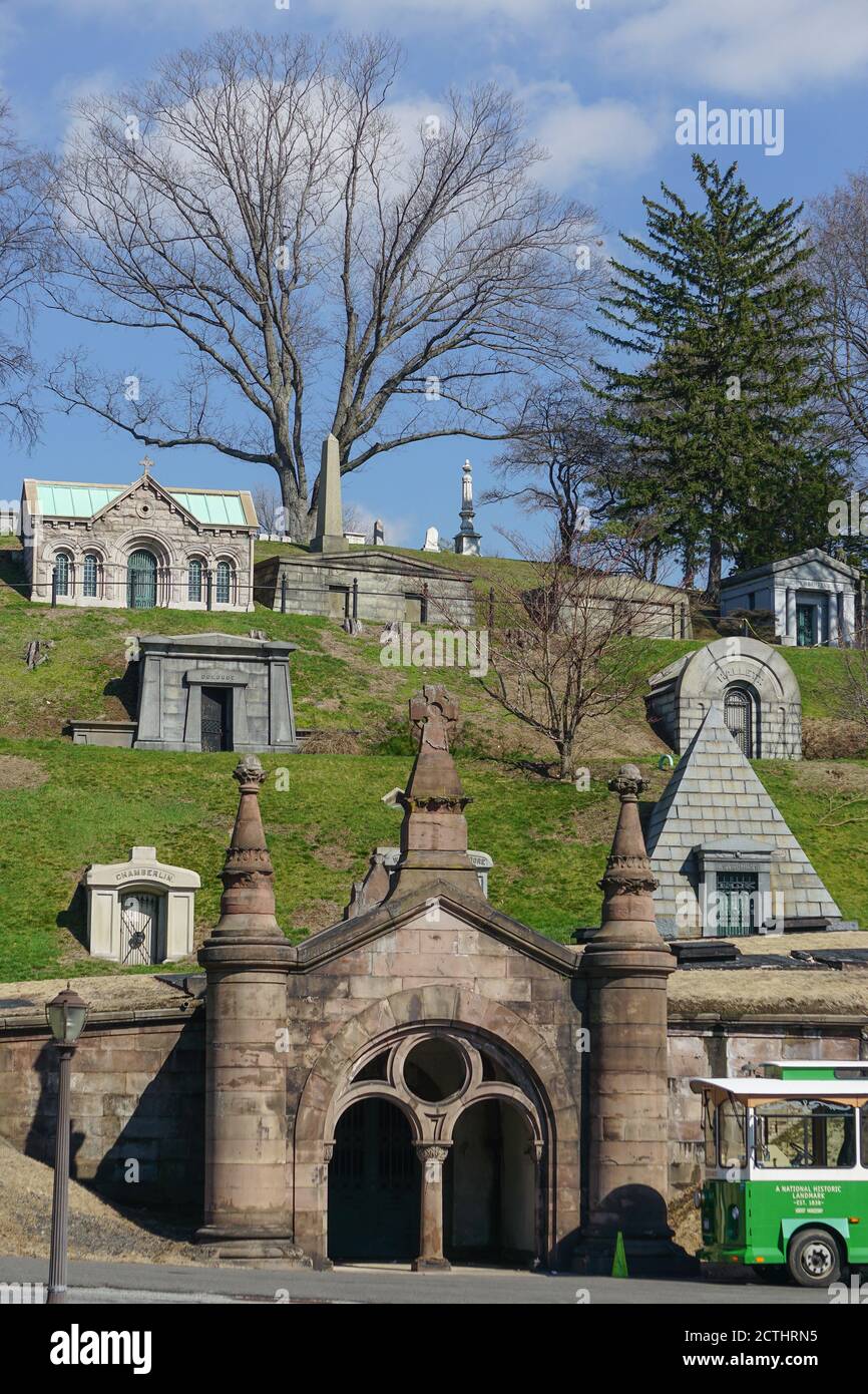 Brooklyn, New York A trolley waits for passengers below obelisks and