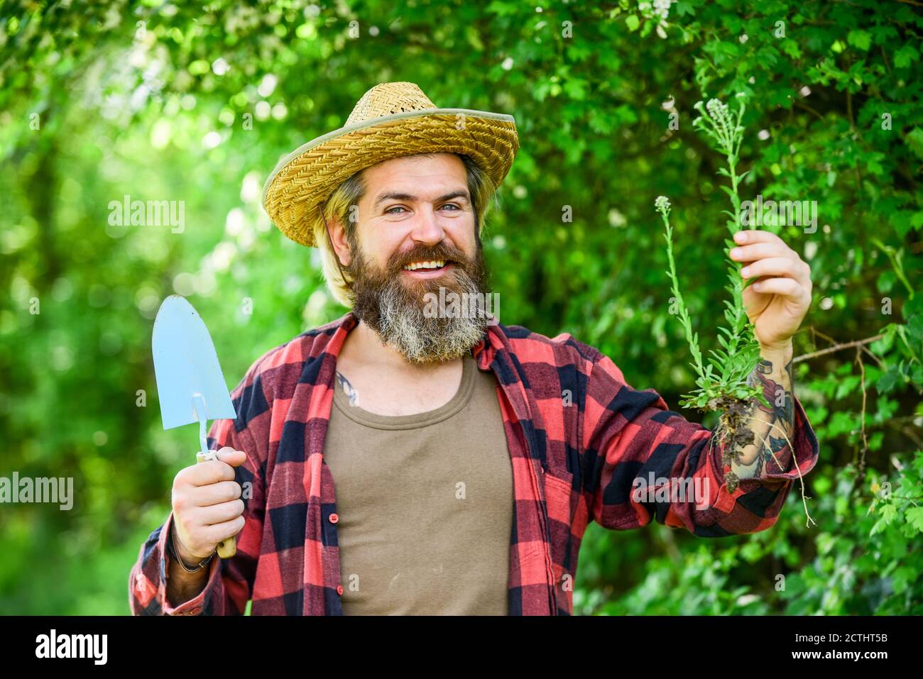 botanic worker. Trowel digging soil. Garden tools. seeds and soil. Spring in the garden. Farmer giving fertilizer. The gardener digging in garden. Work with garden trowel. mature man gardener. Stock Photo
