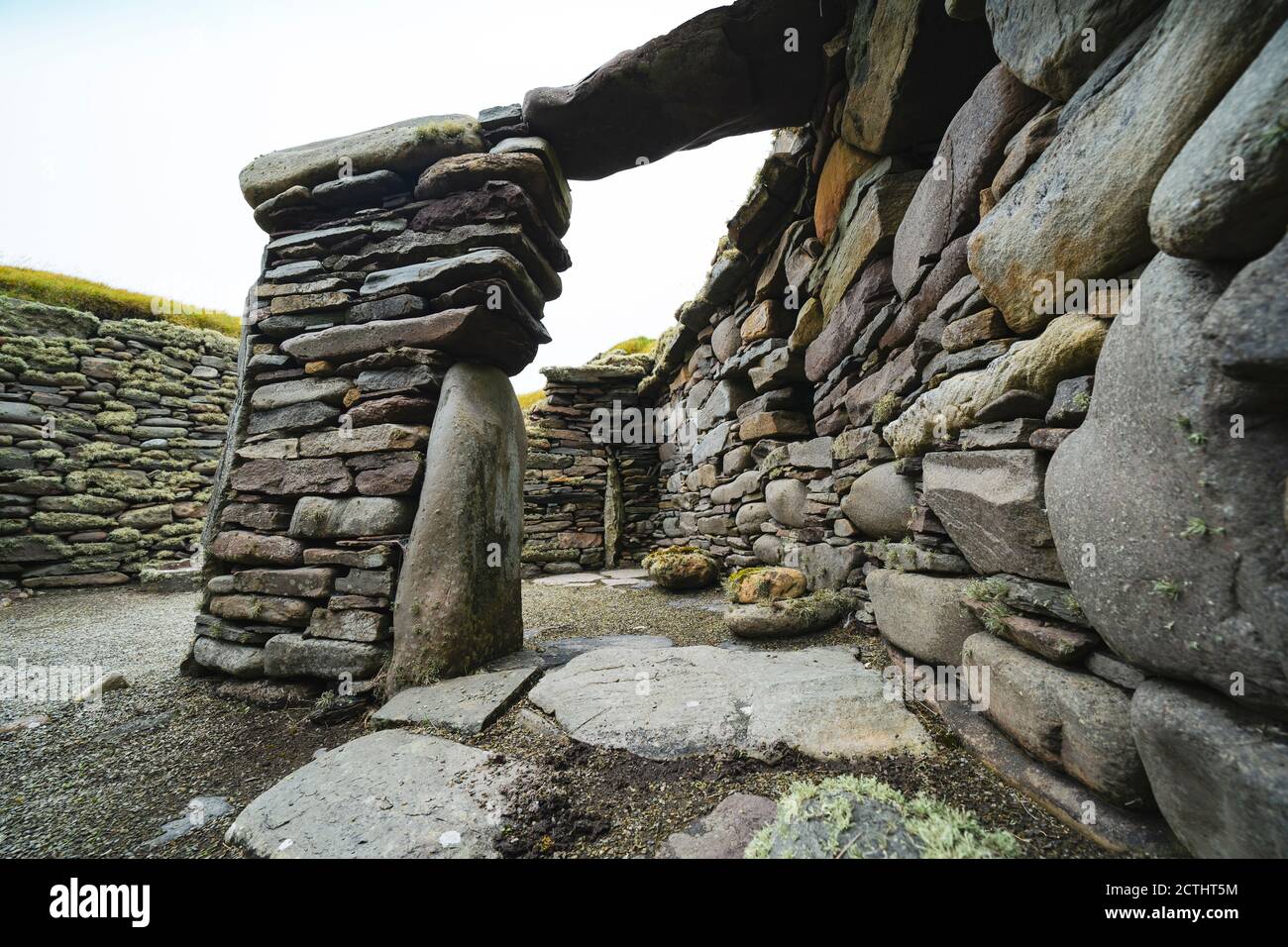 View of archeological site of ancient settlements at Jarlshof in