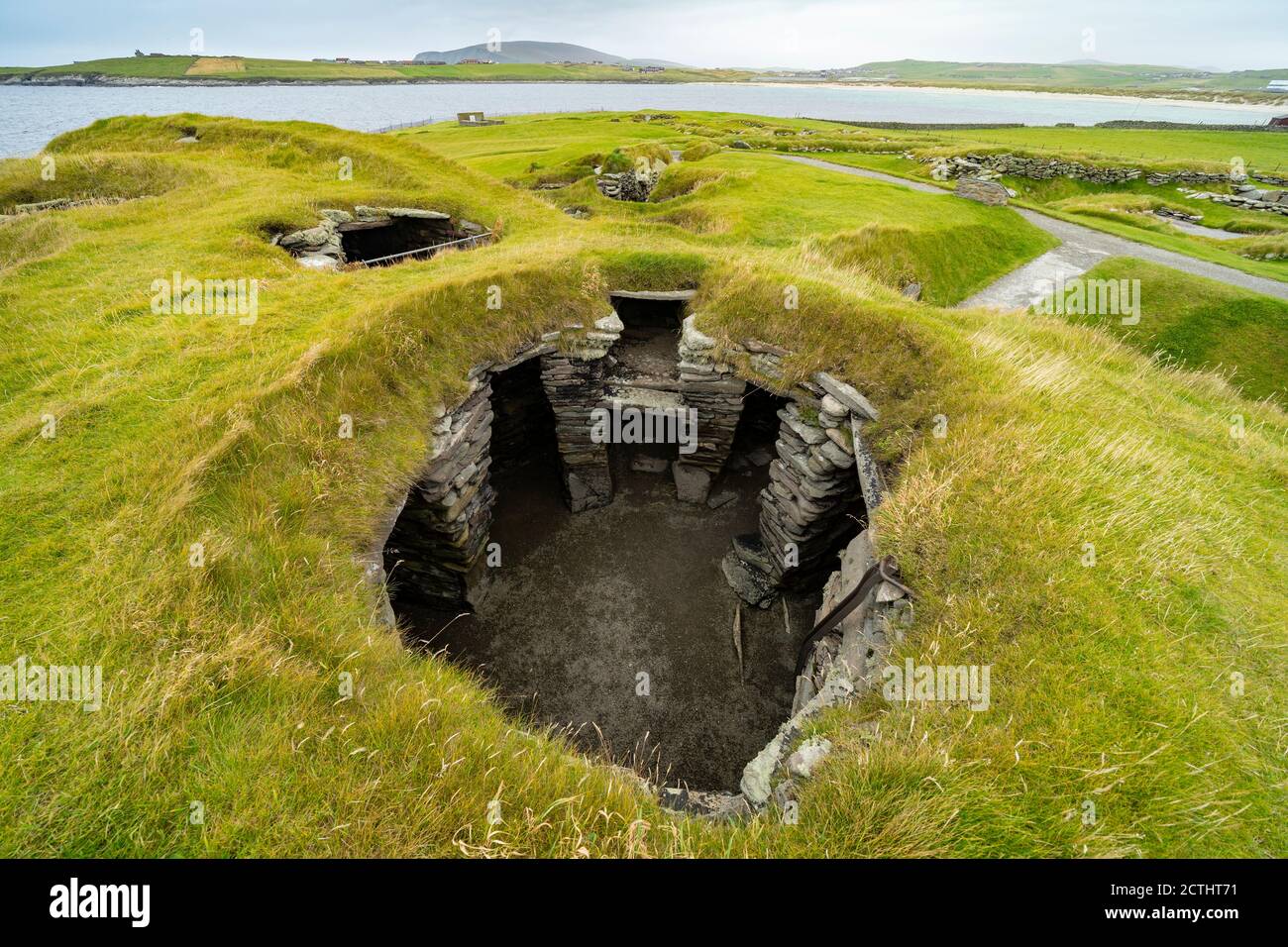 View of archeological site of ancient settlements at Jarlshof in