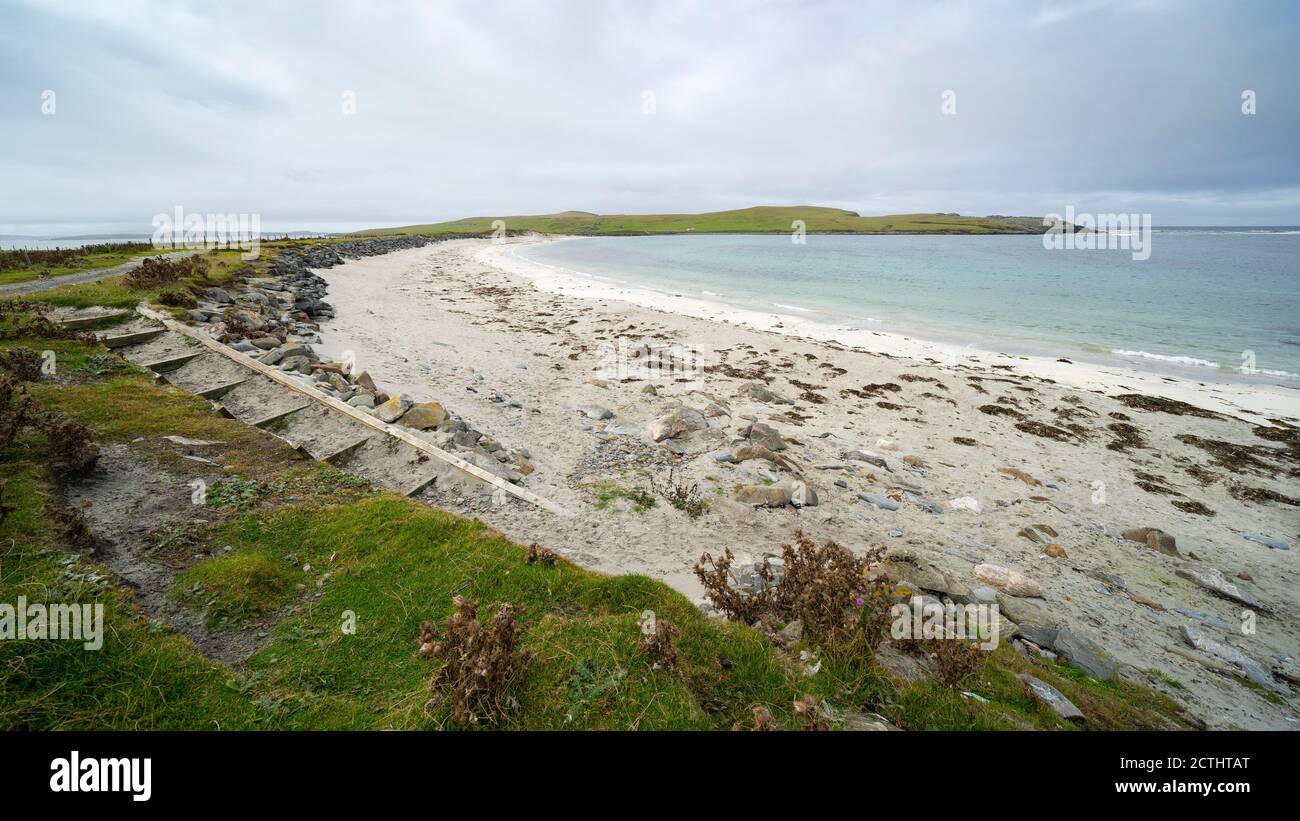 View of beach on Ayre or Tombolo at Banna Minn at Papil on West Burra, Shetland, Scotland Uk Stock Photo