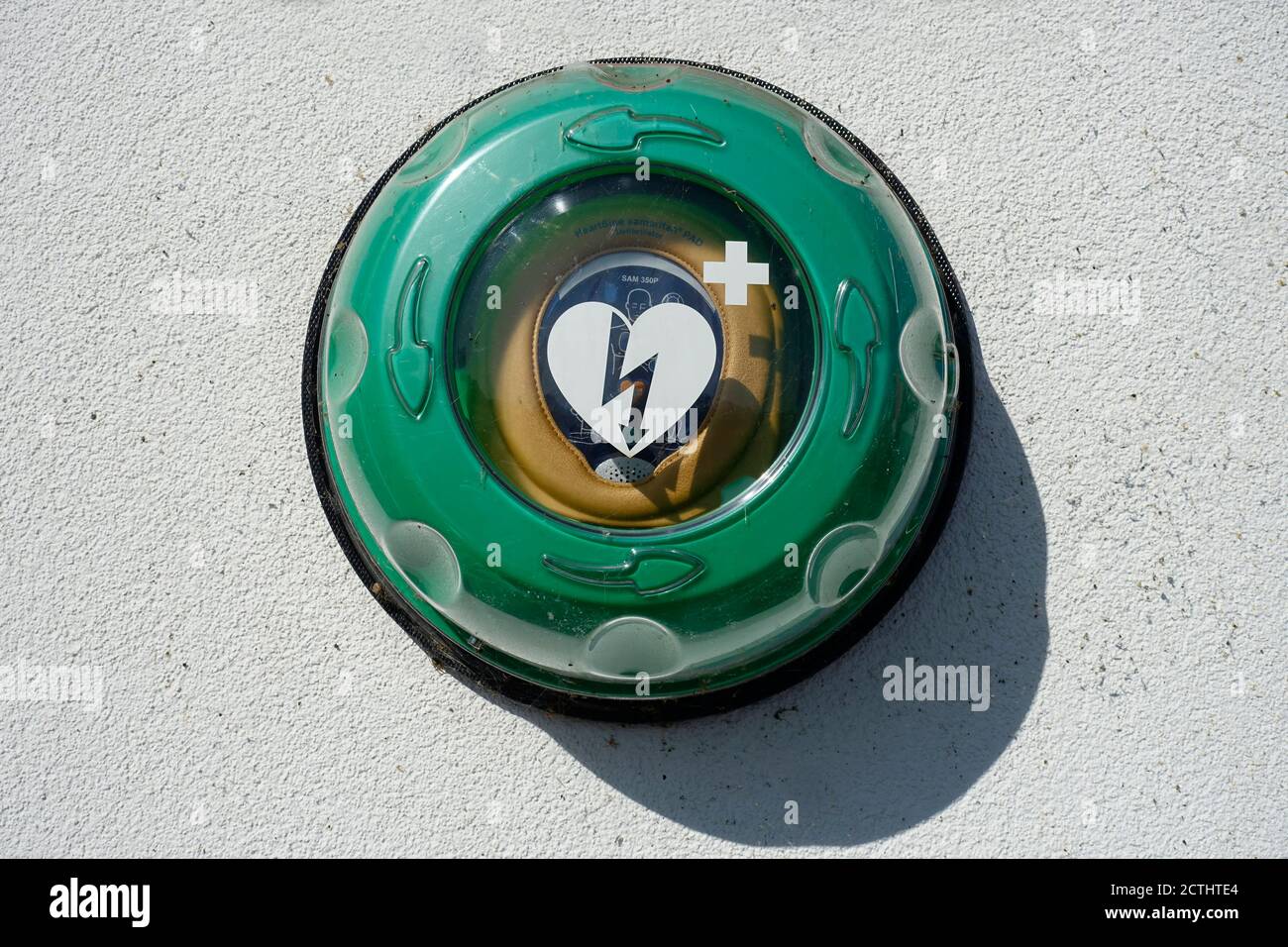 Defibrillator on a facade, Hiddensee, Ruegen, Mecklenburg-Western Pomerania, Germany Stock Photo