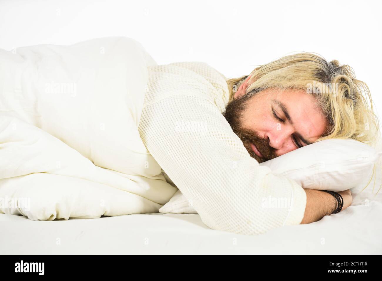 Having nap. Sweet dreams. Hipster with beard fall asleep. Good night. Mental health. Practice relaxing bedtime ritual. Man with sleepy face lay on pillow. Fast asleep concept. Man with beard relaxing. Stock Photo