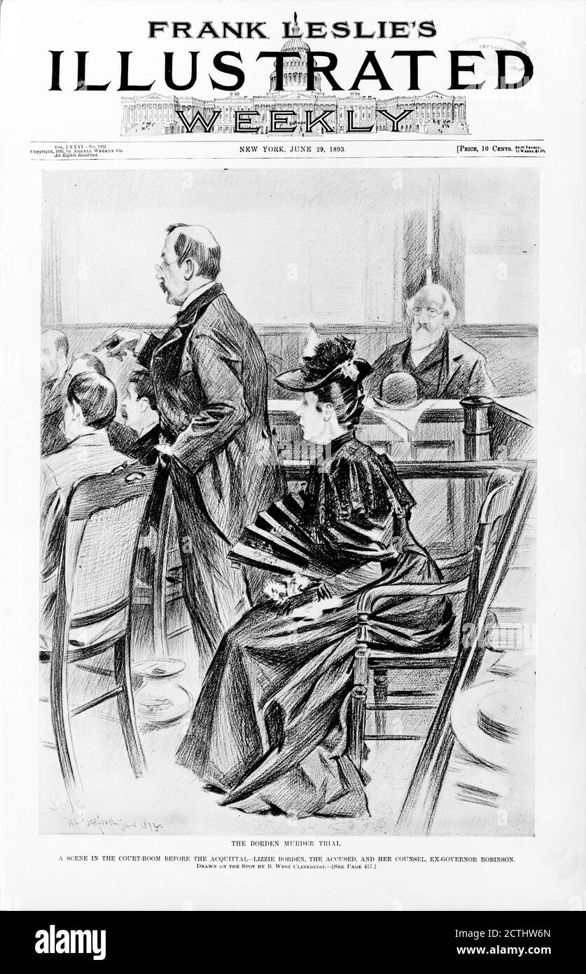 Lizzie Borden. Illustration on the cover of 'Frank Leslie's Illustrated Weekly' of 29 June 1893, showing the murder trial of Lizzie Andrew Borden (1860-1927) Stock Photo