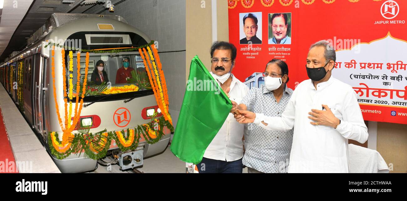 Jaipur, India. 23rd Sep, 2020. Chief Minister Ashok Gehlot inaugurates the newly constructed and Rajasthan's first underground Chandpole to Badi Chaupar Metro corridor through Video Confrence, in Jaipur. UDH Minister Shanti Dhariwal and Transport Minister Pratap Singh Khachariyawas is also seen. (Photo by Sumit Saraswat/Pacific Press) Credit: Pacific Press Media Production Corp./Alamy Live News Stock Photo