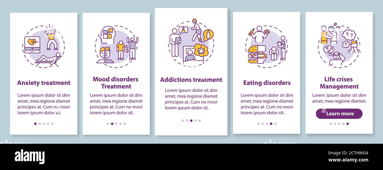 Psychotherapy tasks onboarding mobile app page screen with concepts Stock Vector