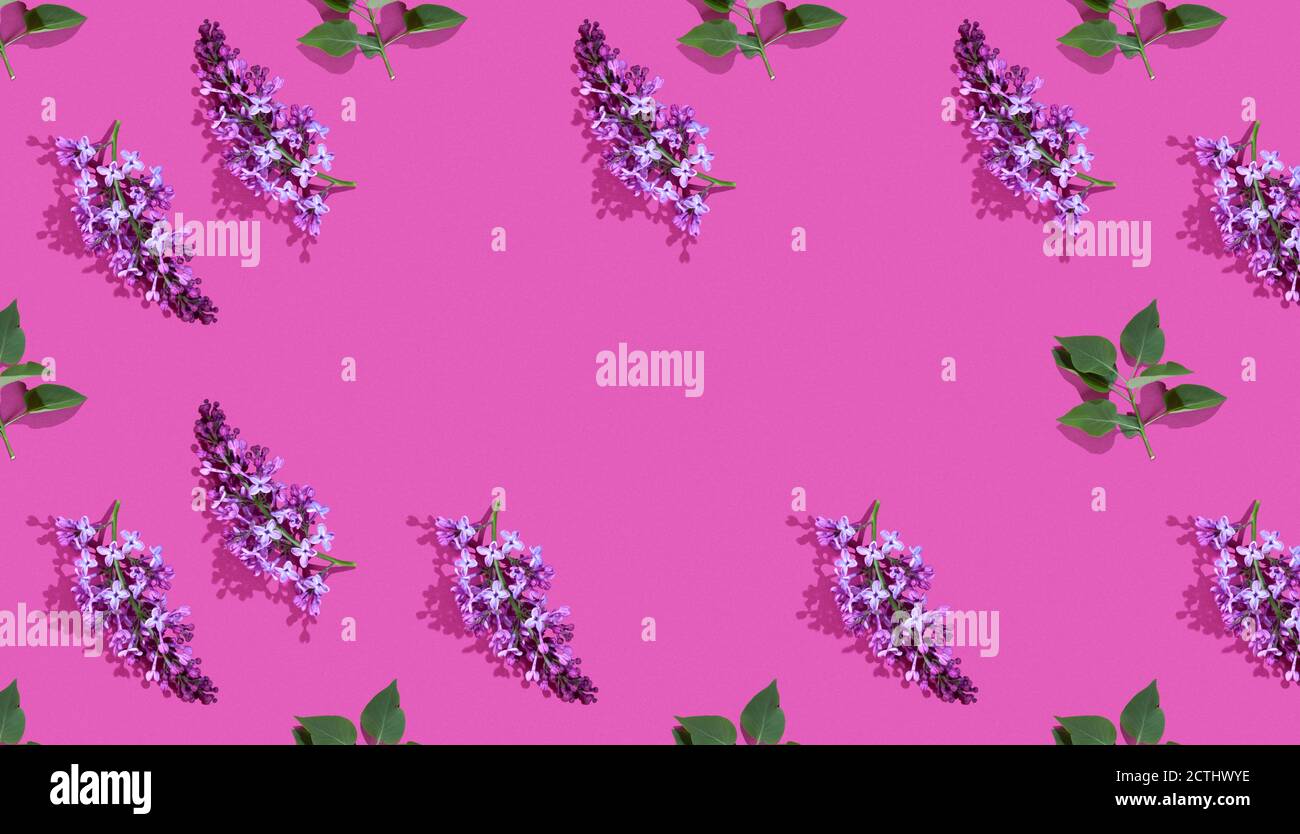 Trendy isometric Seamless continuous pattern with spring lilac flowers and green leaf. Minimalist concept. Space for text Stock Photo