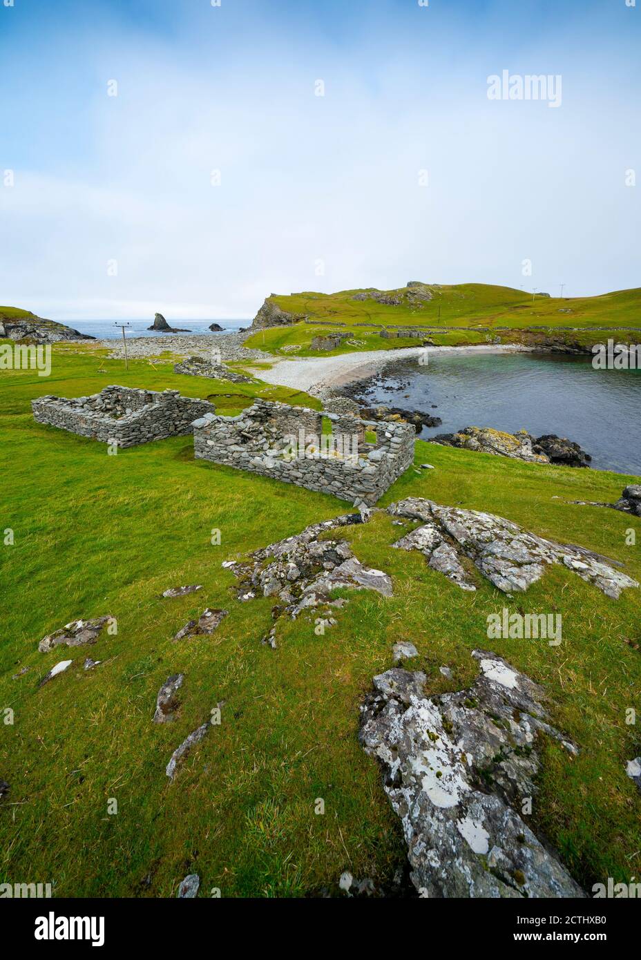 Ruined cottages and crofts at Fethaland former fishing settlement at North Roe, Shetland Islands, Scotland, UK Stock Photo