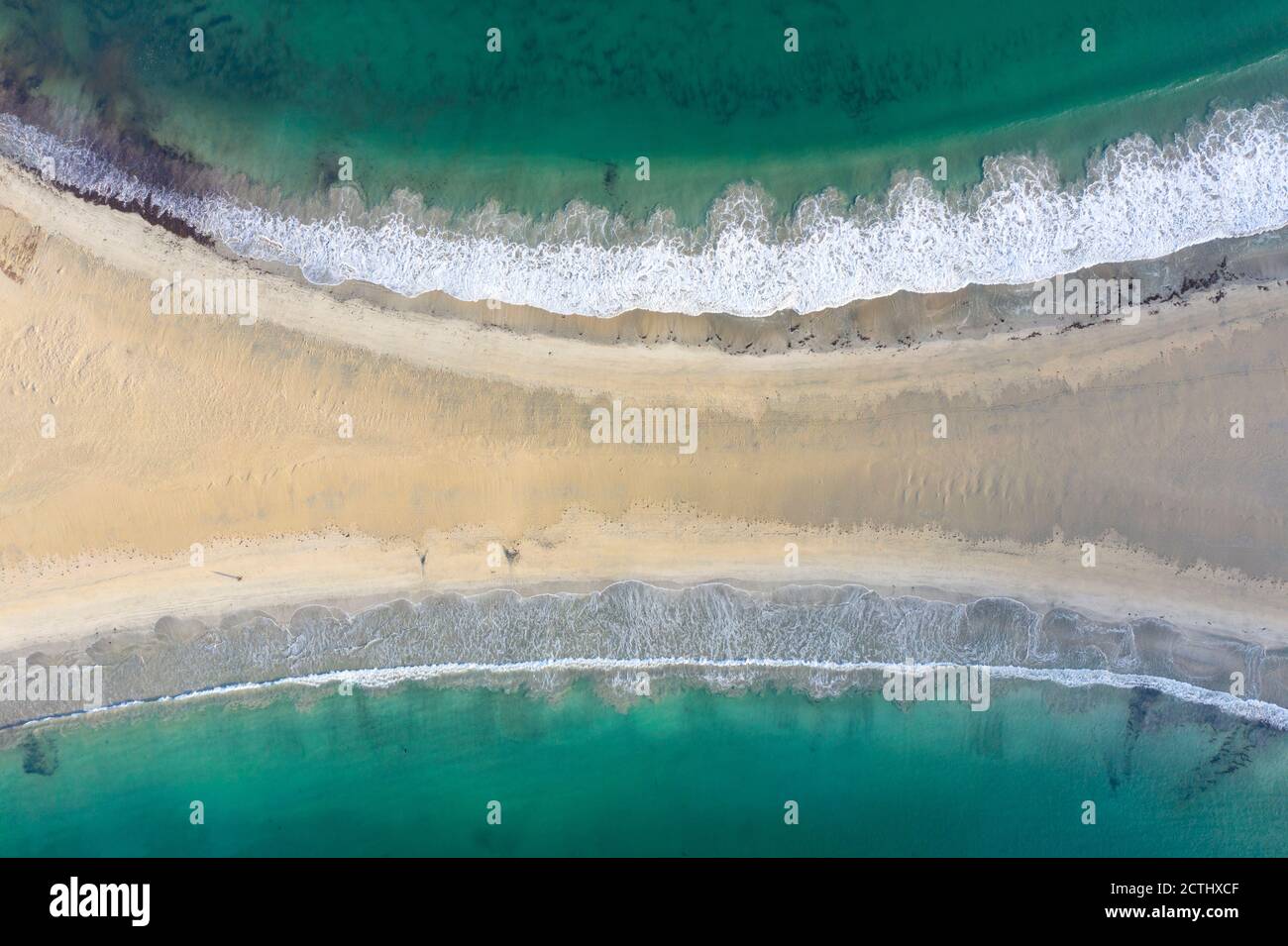 View of St Ninian's Isle and beach , called a Tombolo or Ayre, at Bigton, Dunrossness, Shetland, Scotland, UK Stock Photo