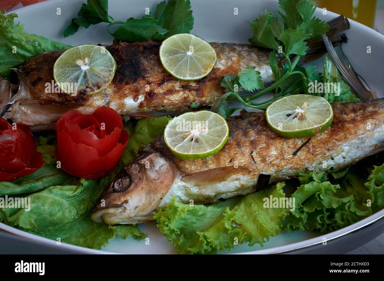 Traditional Native American roasted fish with herbs