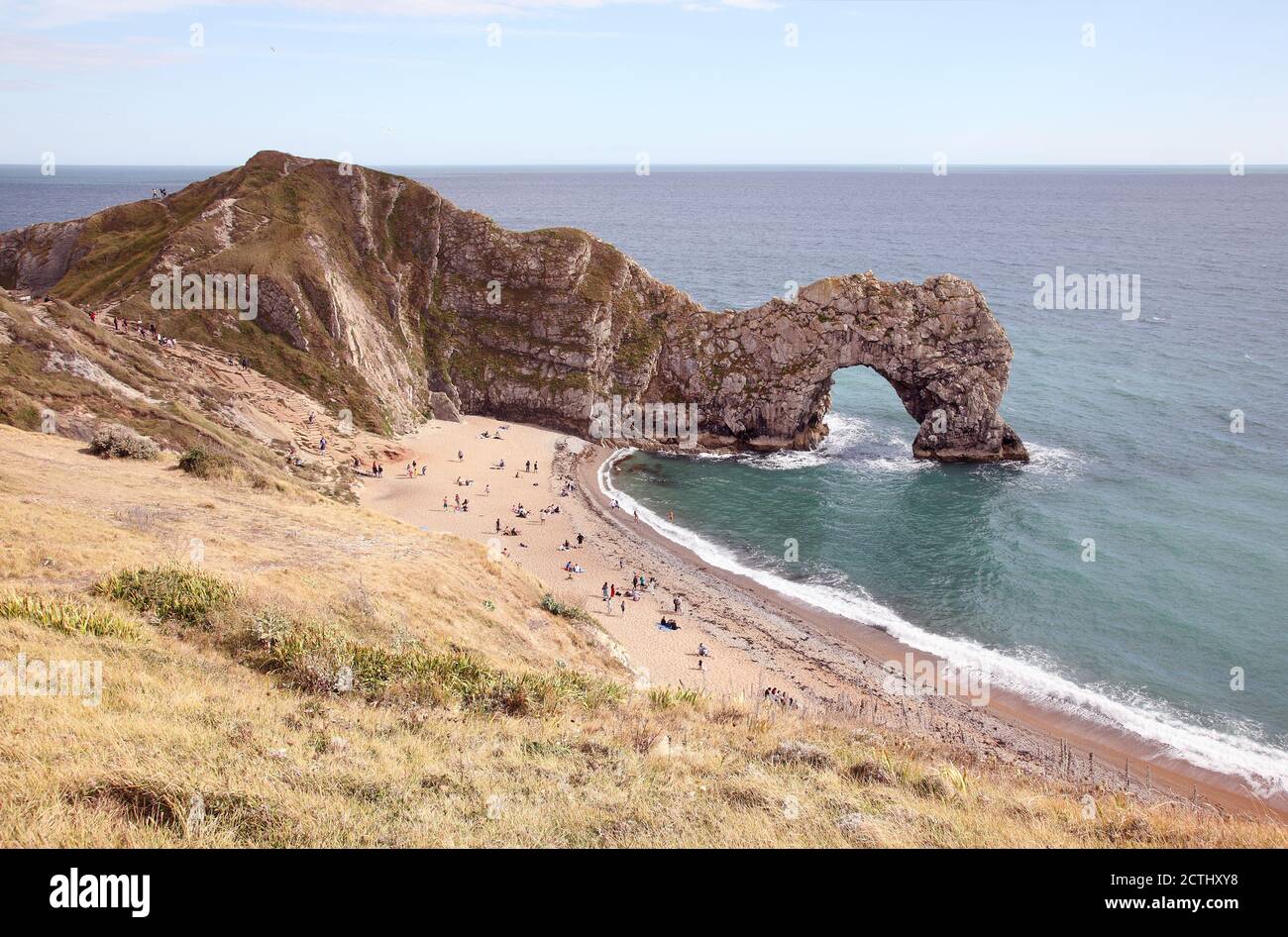 Durdle Door or Durdle Dor natural limestone arch on the Jurassic Coast near Lulworth in Dorset. Part of the Lulworth Estate. Stock Photo