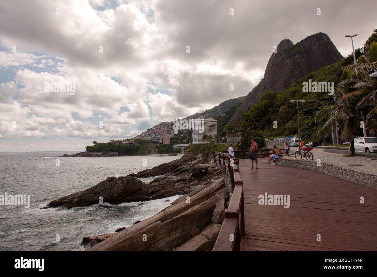 Leblon beatch deck on Rio de Janeiro with two brothers mountains on background Stock Photo