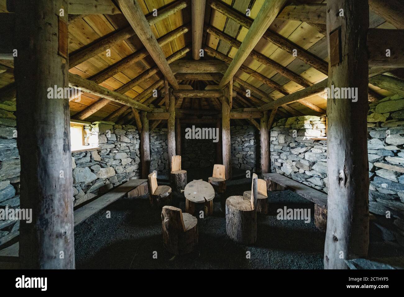 Interior of reconstructed viking longhouse at Haroldswick, Unst, Shetland, Scotland, UK Stock Photo