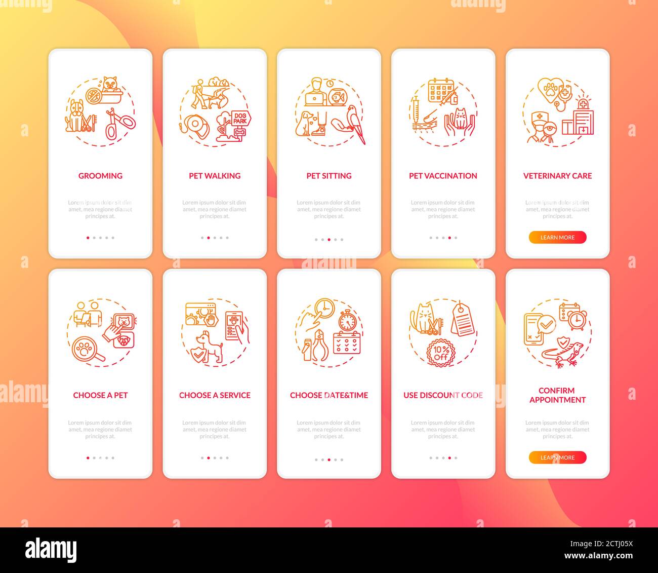 Pet services onboarding mobile app page screen with concepts set Stock Vector