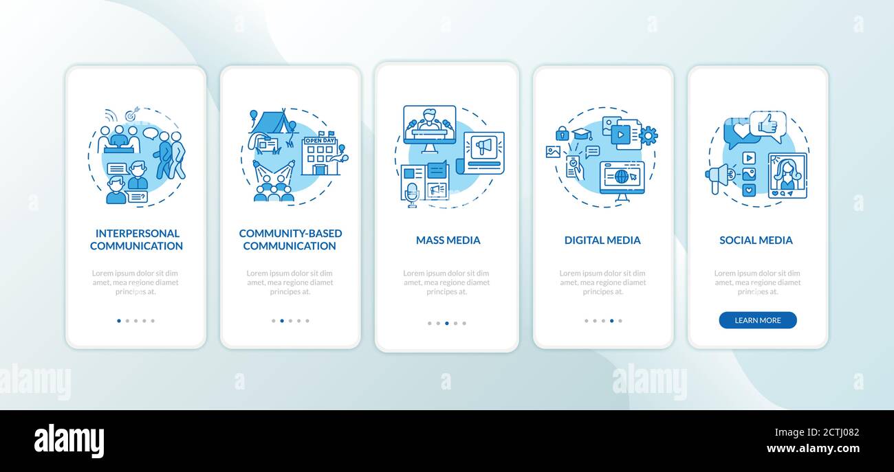 Communication channels onboarding mobile app page screen with concepts Stock Vector