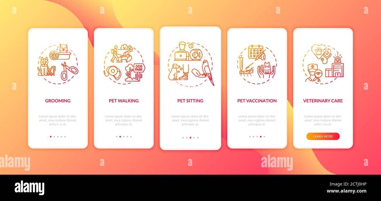 Pet services onboarding mobile app page screen with concepts Stock Vector