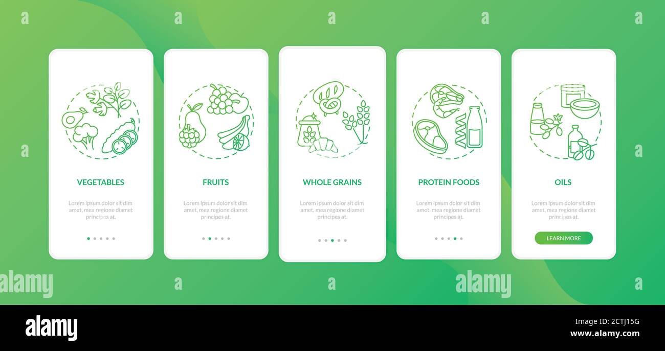 Vegetarian diet components onboarding mobile app page screen with concepts Stock Vector