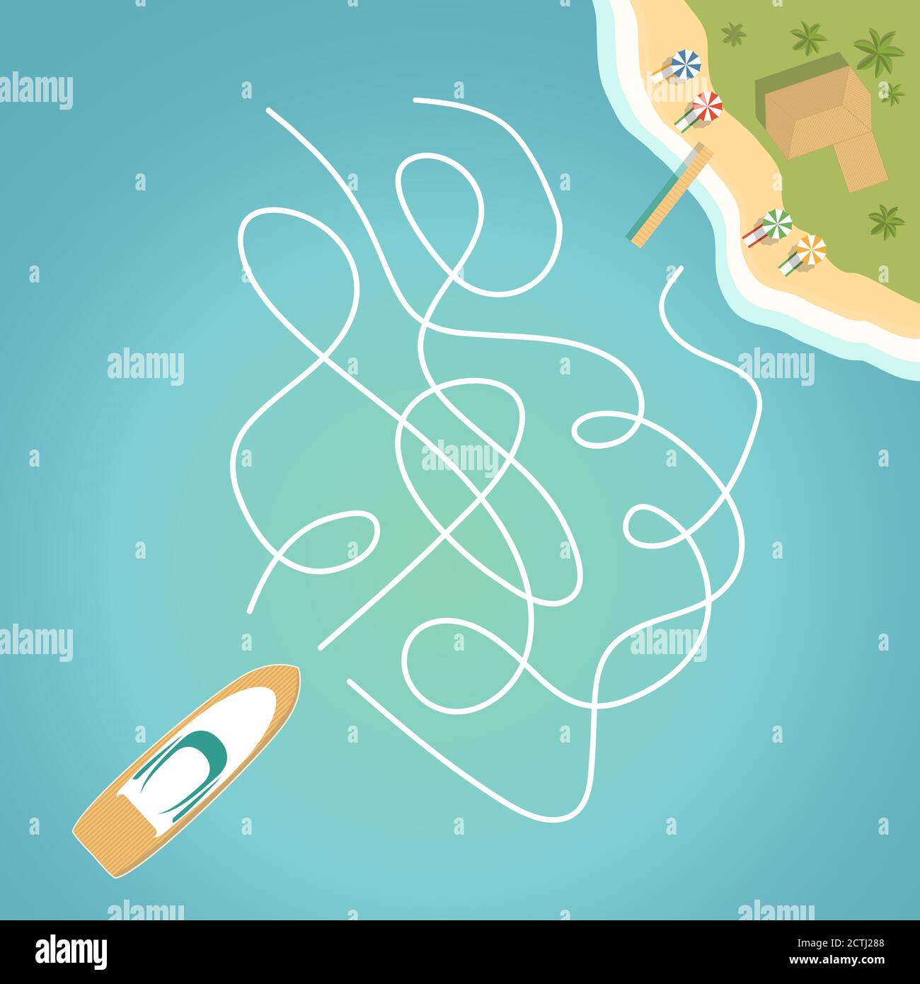 Maze game, education game for children.The ship floats by sea to the tropical island with palm trees. Stock Vector