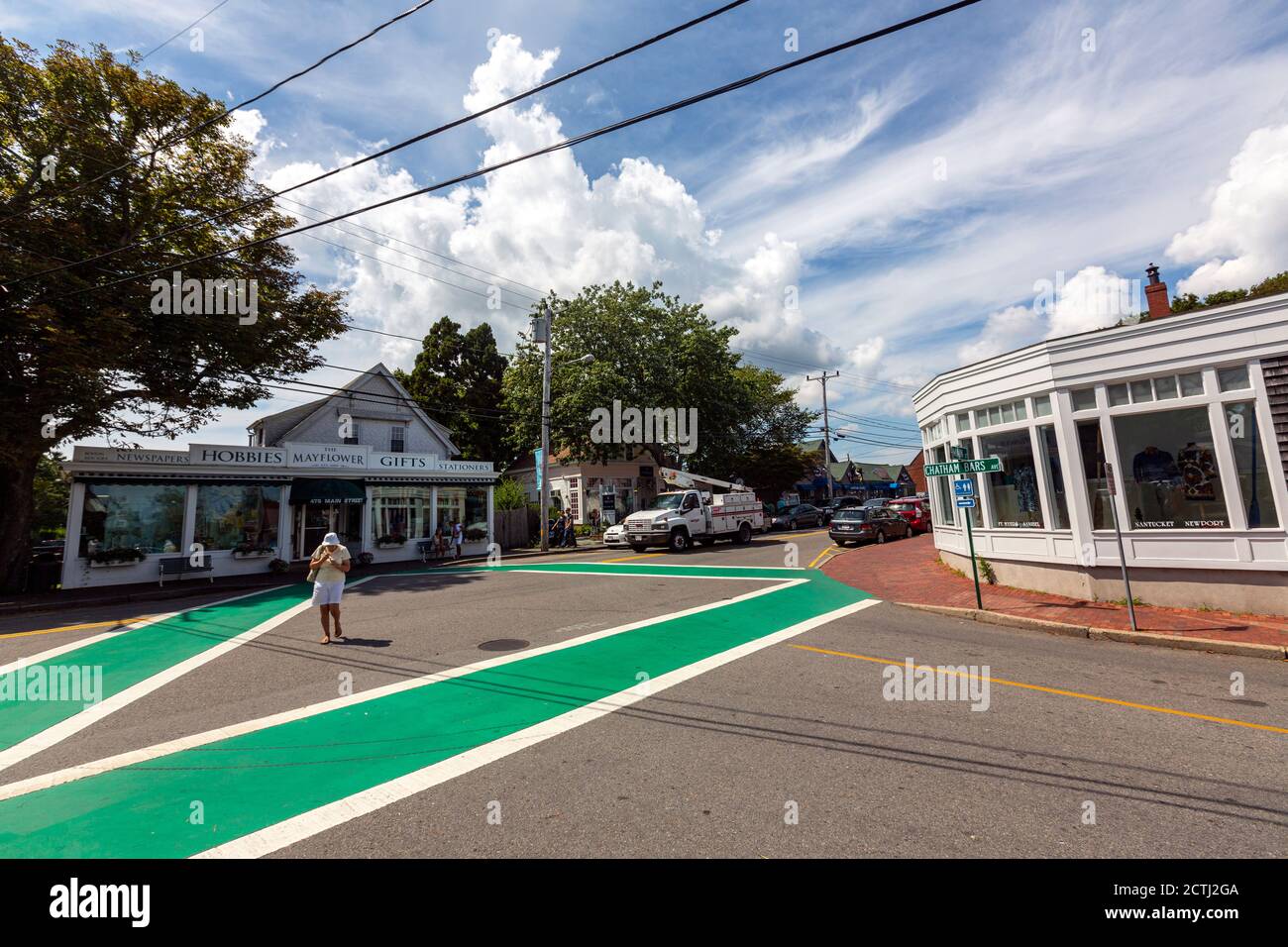 Green painted Pedestrian crossing, Main St, Chatham, Massachusetts, USA