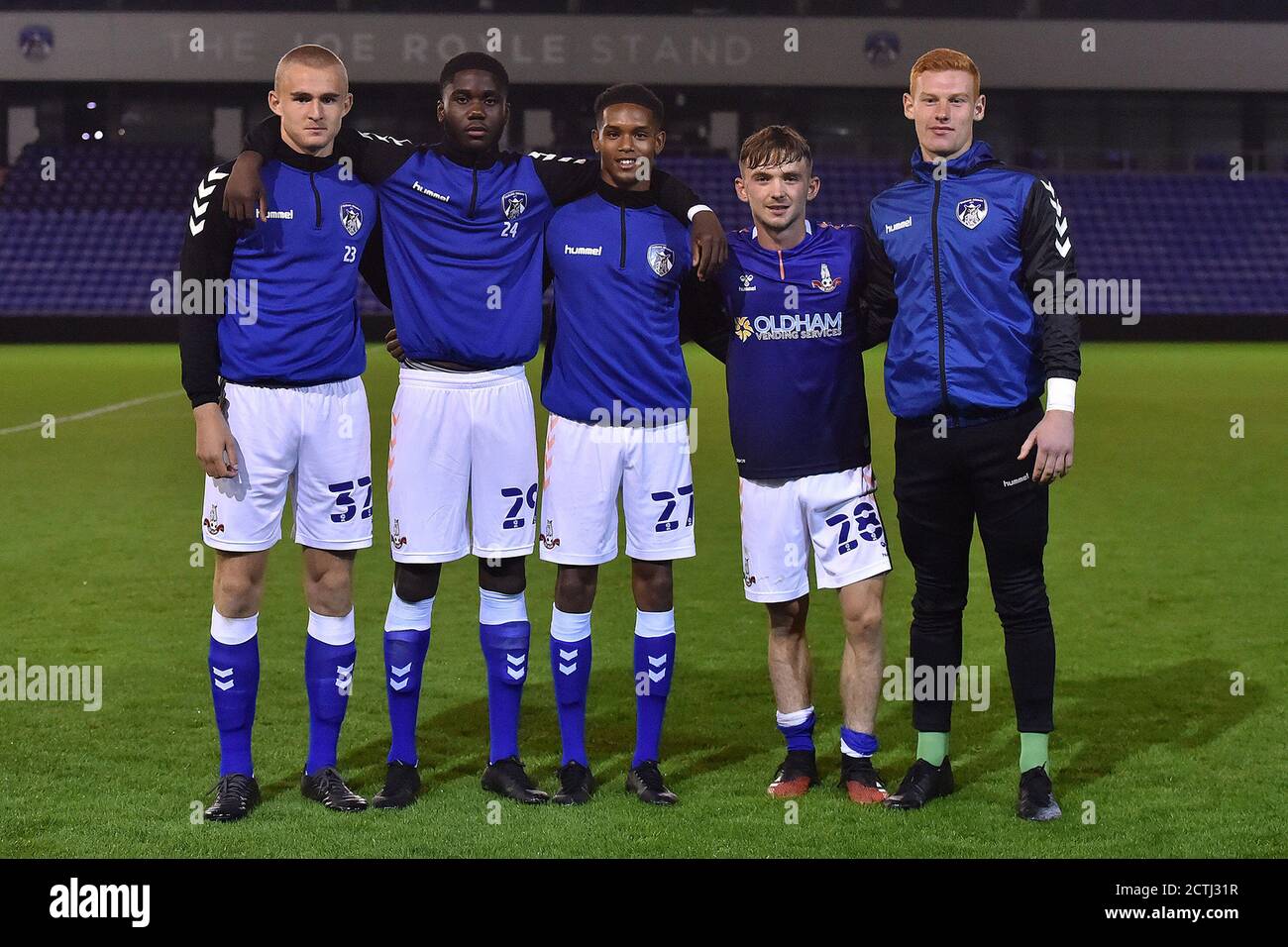 Oldham, UK. 22nd Sep, 2020. OLDHAM, ENGLAND. SEPT 22ND 2020 Oldham Academy graduates L to R Will Sutton, Junior Luamba, Vani Da Silva, Ben Hough and MacKenzie Chapman after the EFL Trophy match between Oldham Athletic and Wolverhampton Wanderers at Boundary Park, Oldham on Tuesday 22nd September 2020. (Credit: Eddie Garvey | MI News) Credit: MI News & Sport /Alamy Live News Stock Photo