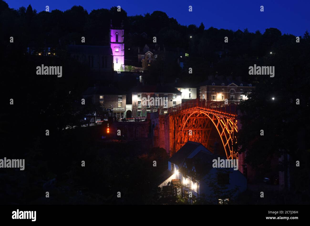 The Ironbridge in Shropshire illuminated 2020 Stock Photo