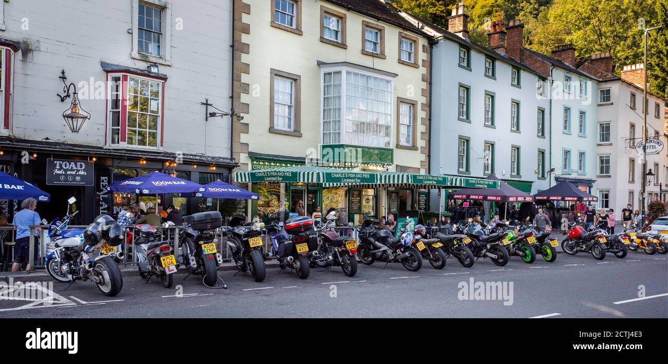 Row of motor bikes parked on main street in Matlock Bath, Derbyshire