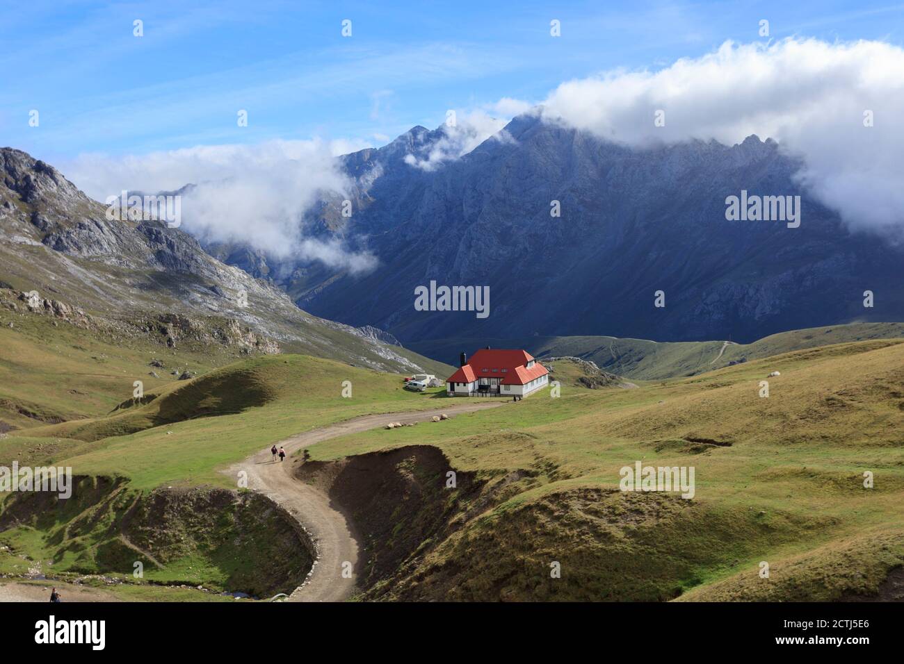 Hike on Picos de Europa National Park. Chalet Real hotel. Aliva. Cantabria. Spain Stock Photo Hike on Picos de Europa National Park. Chalet Real hotel. Aliva. Cantabria. Spain Stock Photo
