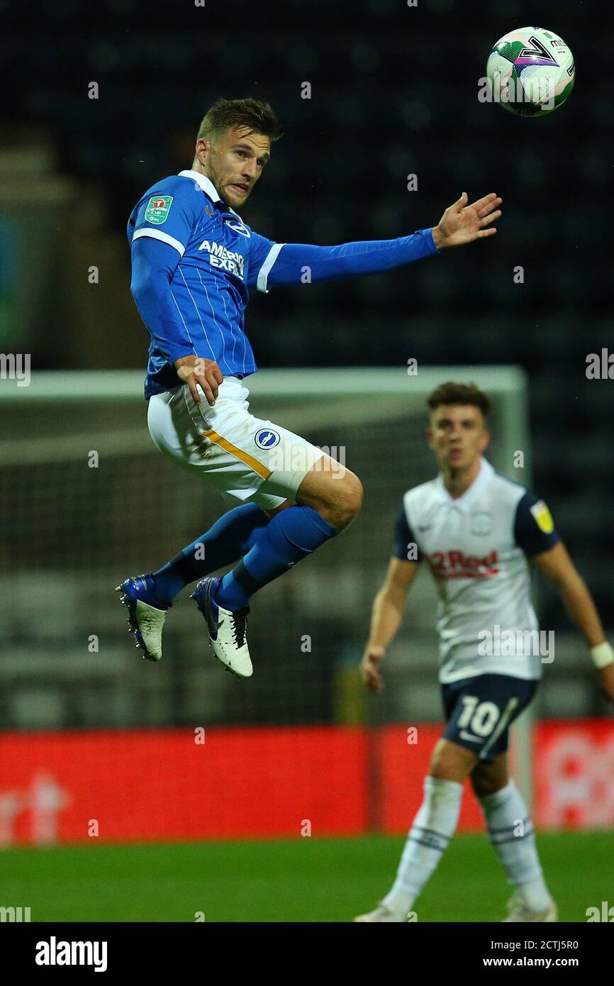 PRESTON, ENGLAND. SEPT 23RD 2020 Brightons Joel Veltman clears the ball during the Carabao Cup match between Preston North End and Brighton and Hove Albion at Deepdale, Preston on Wednesday 23rd September 2020. (Credit: Chris Donnelly | MI News) Credit: MI News & Sport /Alamy Live News Stock Photo