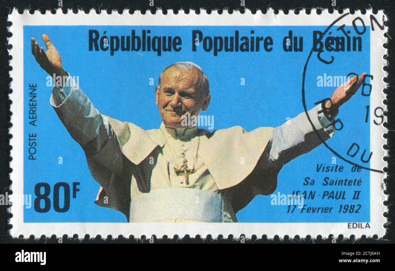 BENIN - CIRCA 1982: stamp printed by Benin, shows Pope John Paul II, circa 1982. Stock Photo