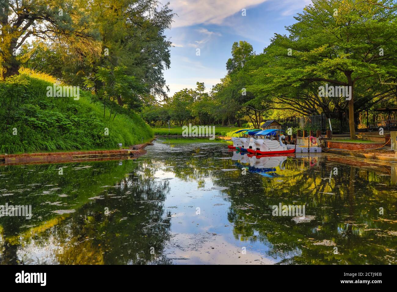 Fun boats in the moat of the Eternal Golden Castle in An Ping, Tainan, Taiwan Stock Photo