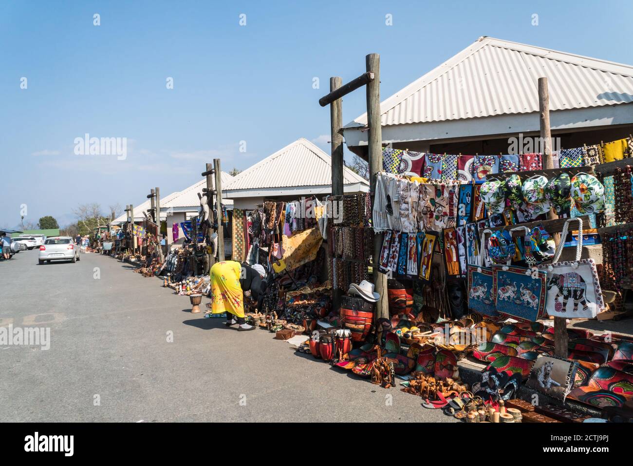 street market stalls displaying traditional African curios, arts and crafts, souvenirs for the tourist trade at God's Window, Mpumalanga, South Africa Stock Photo