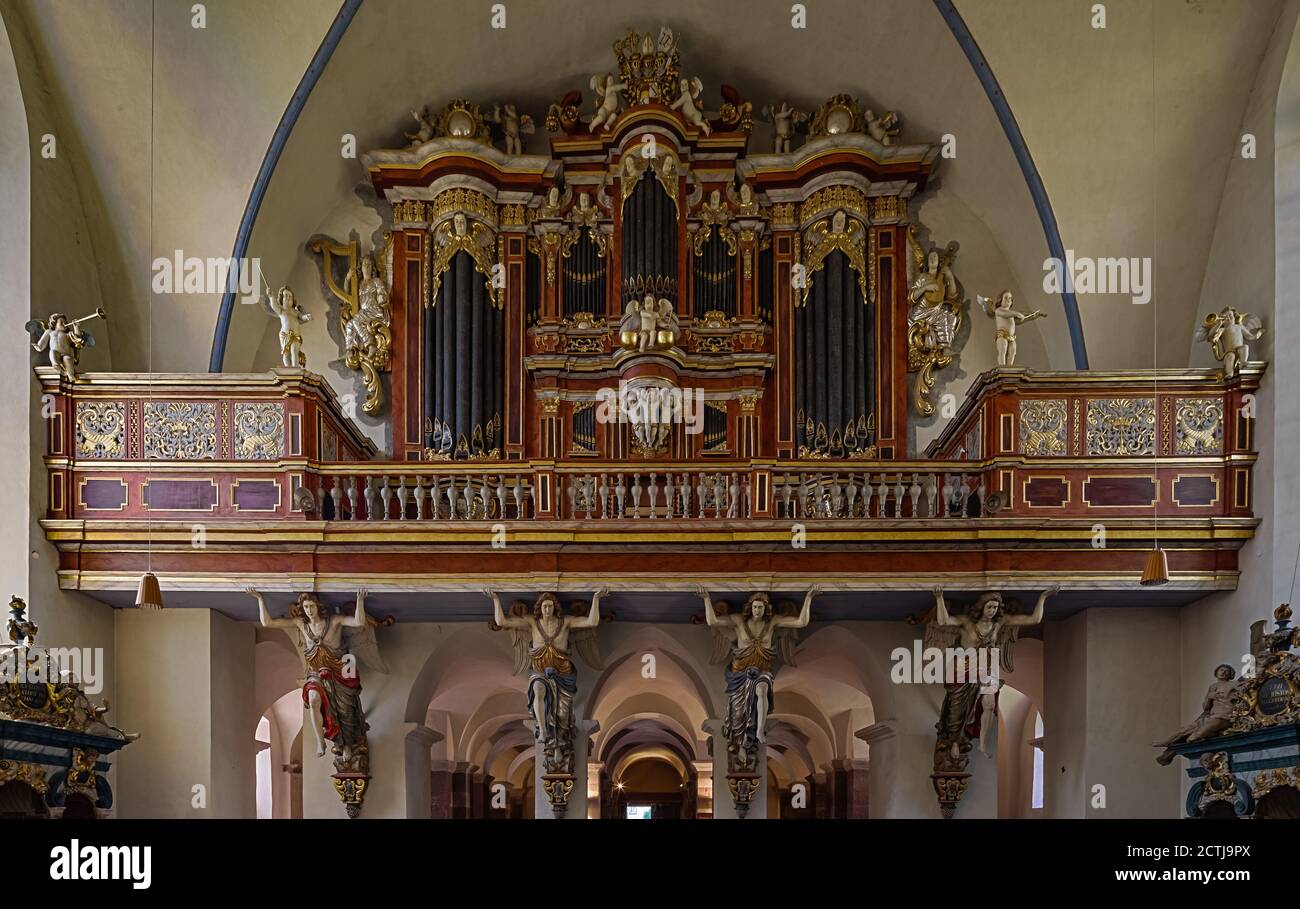 Interior of Basilika St. Stephanus and St. Vitus in Corvey Monastery with the baroque pipe organ Stock Photo