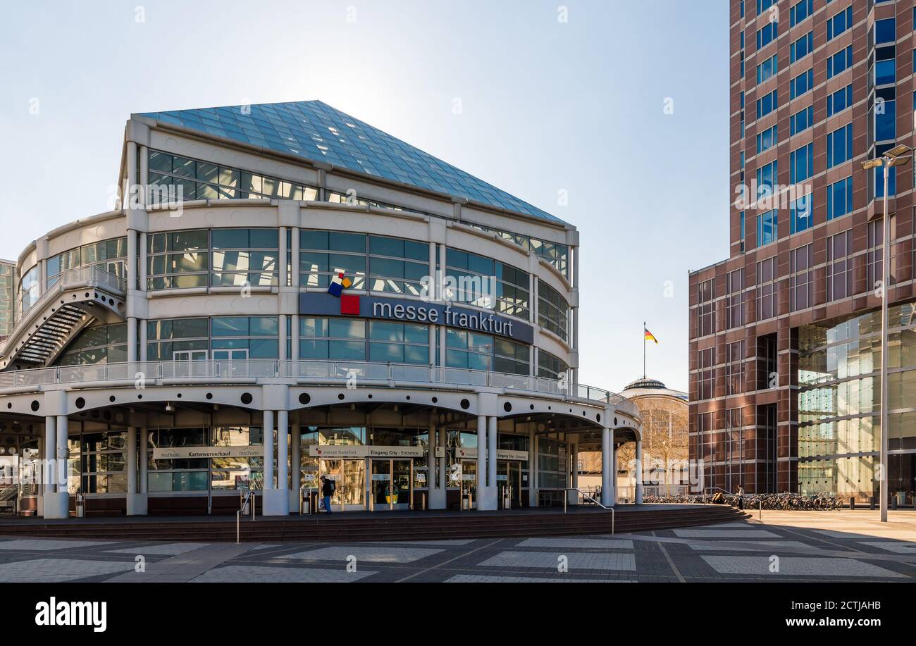 Frankfurt, Hesse, Germany: Entrance and ticket office to fair trade Frankfurt (german: Messe Frankfurt) Stock Photo