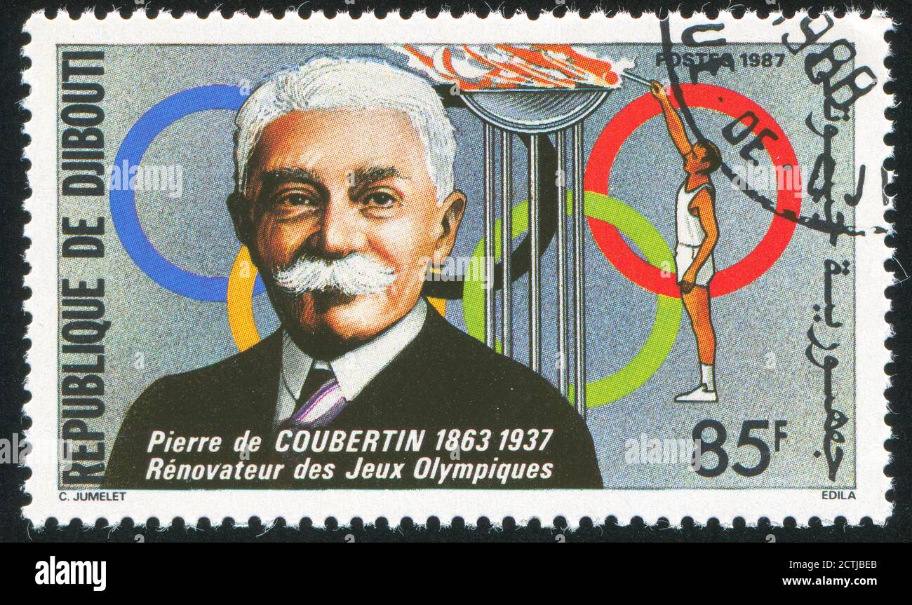 DJIBOUTI - CIRCA 1987: stamp printed by Djibouti, shows Pierre de Coubertin, circa 1987 Stock Photo