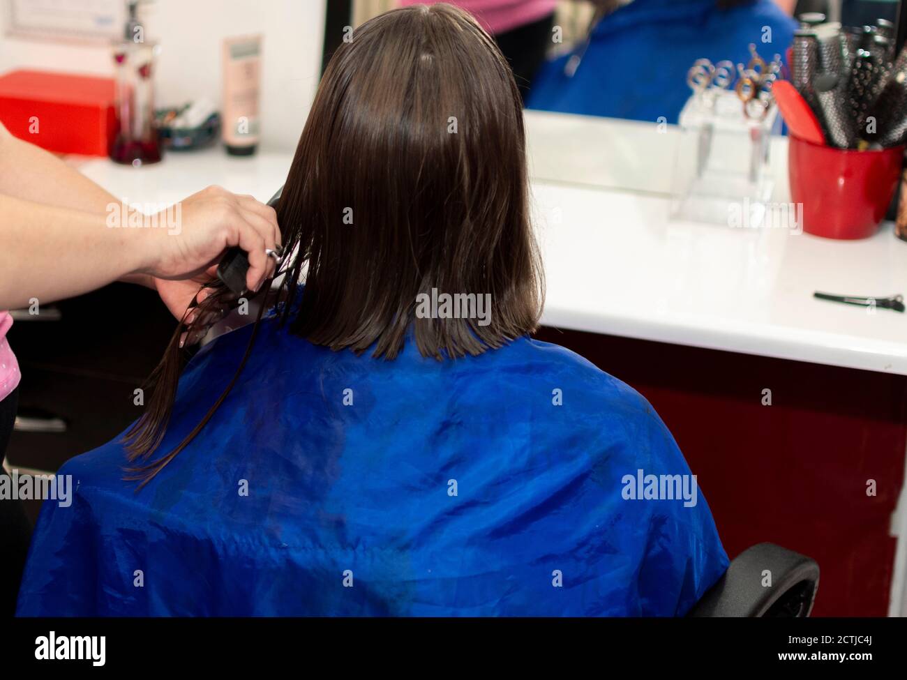 Professional female hairdresser cutting girl's hair in salon Stock ...