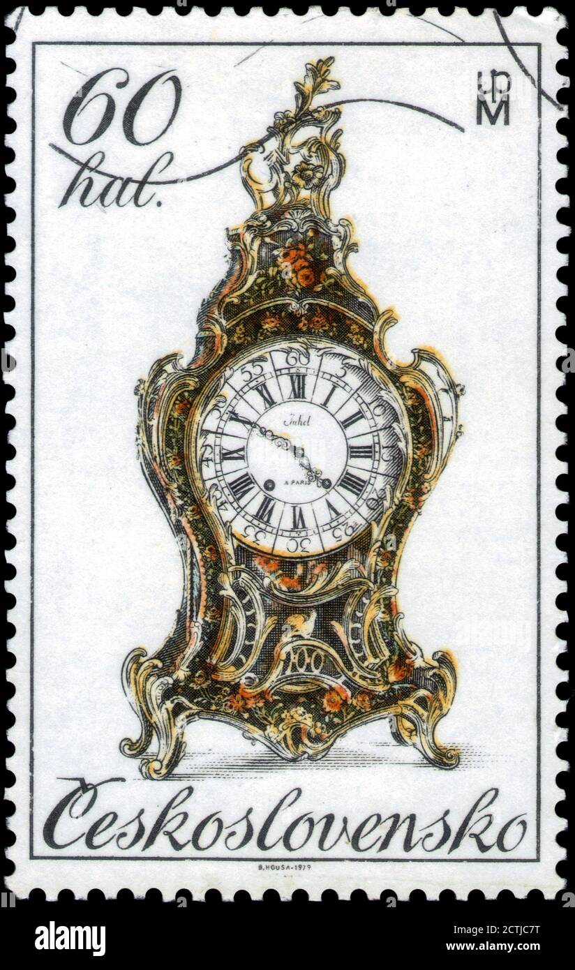 Saint Petersburg, Russia - May 31, 2020: Stamp printed in the Czechoslovakia the image of 18th century clocks, circa 1979 Stock Photo