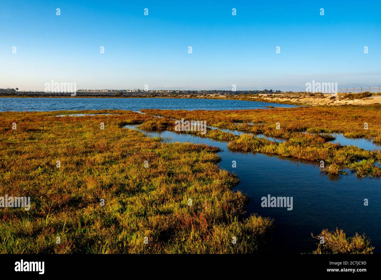 Coastal wetlands, known as the Inner Bolsa Bay, taken from the footbridge at the Bolsa Chica Ecological Reserve, a bird sanctuary, on the first day of Stock Photo