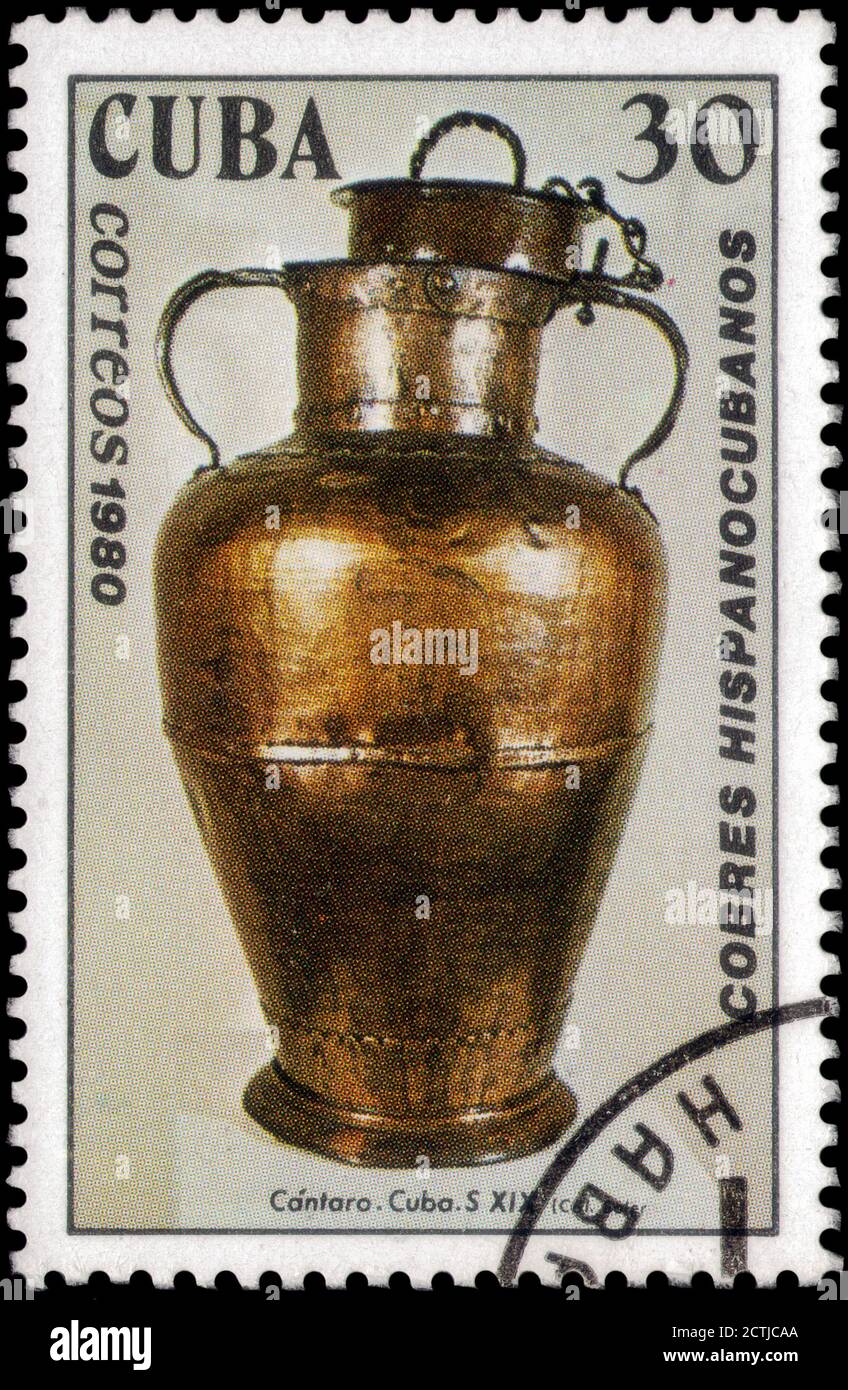 Saint Petersburg, Russia - May 31, 2020: Stamp printed in the Cuba the image of the Two handled pitcher, circa 1980 Stock Photo