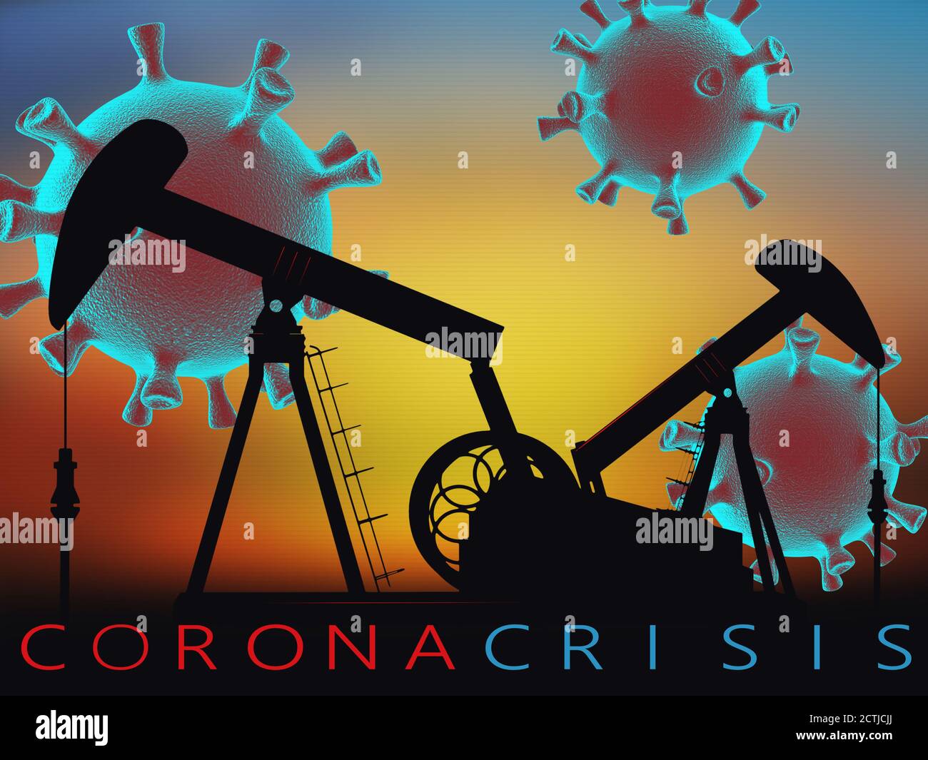 The collapse of the market and the stock exchange due to covid-19 coronavirus. 3D model of virus with oil pumps on sunset background. Stock Photo