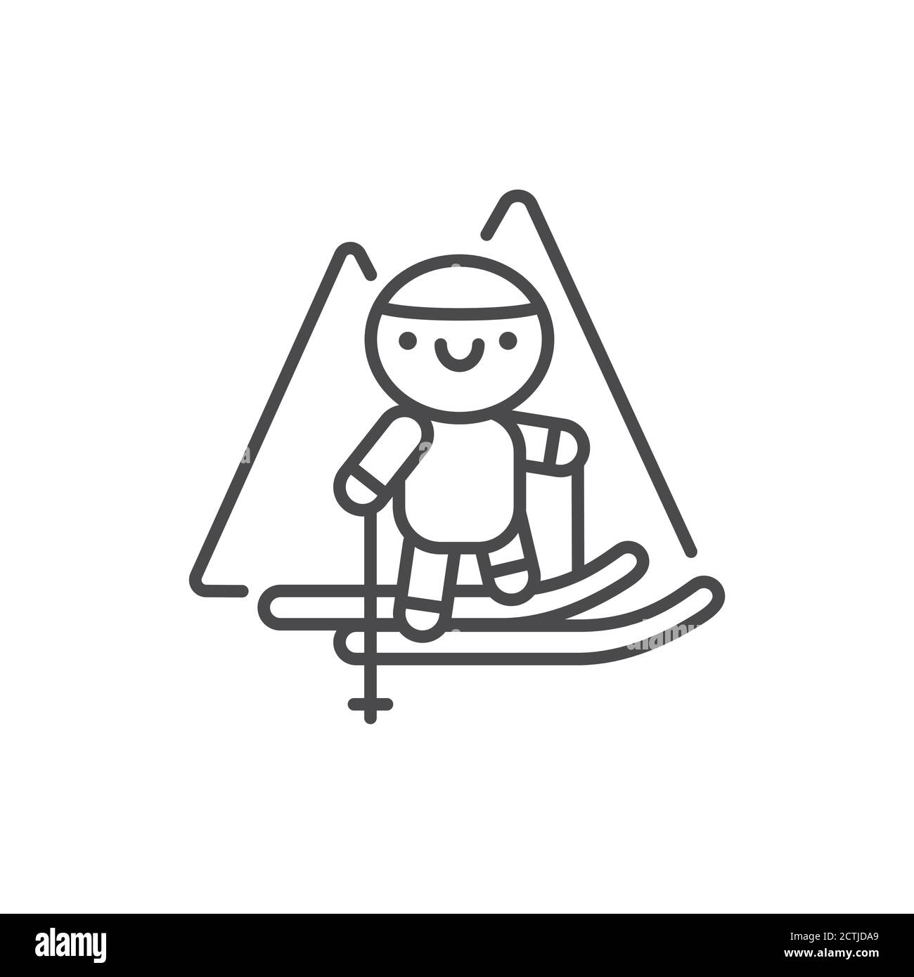 Ski tourism line black icon. Cute character skiing kawaii pictogram ...