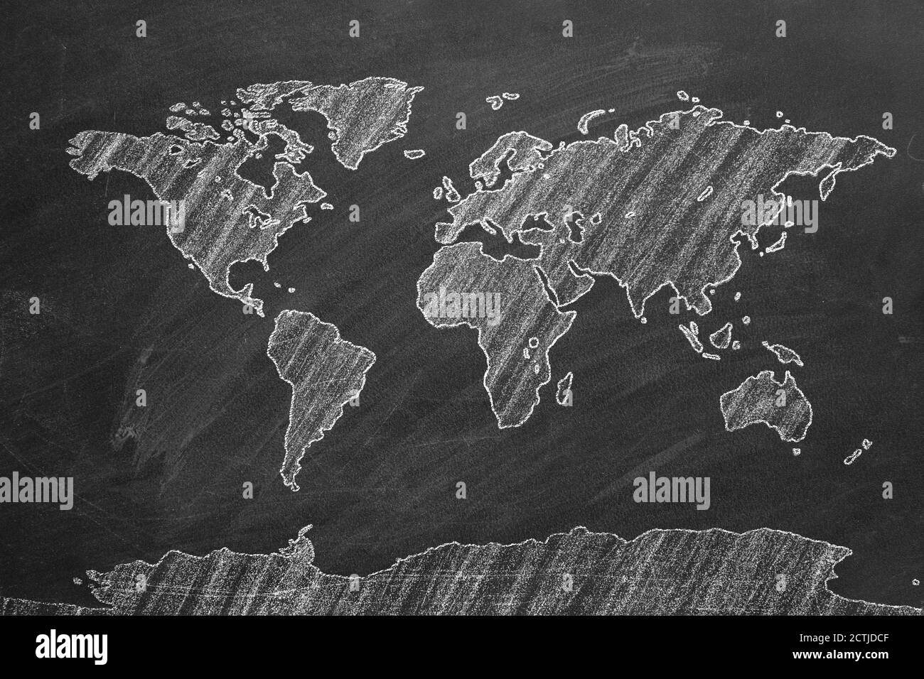 World map hand drawn chalk. Sketch on a blackboard. Stock Photo